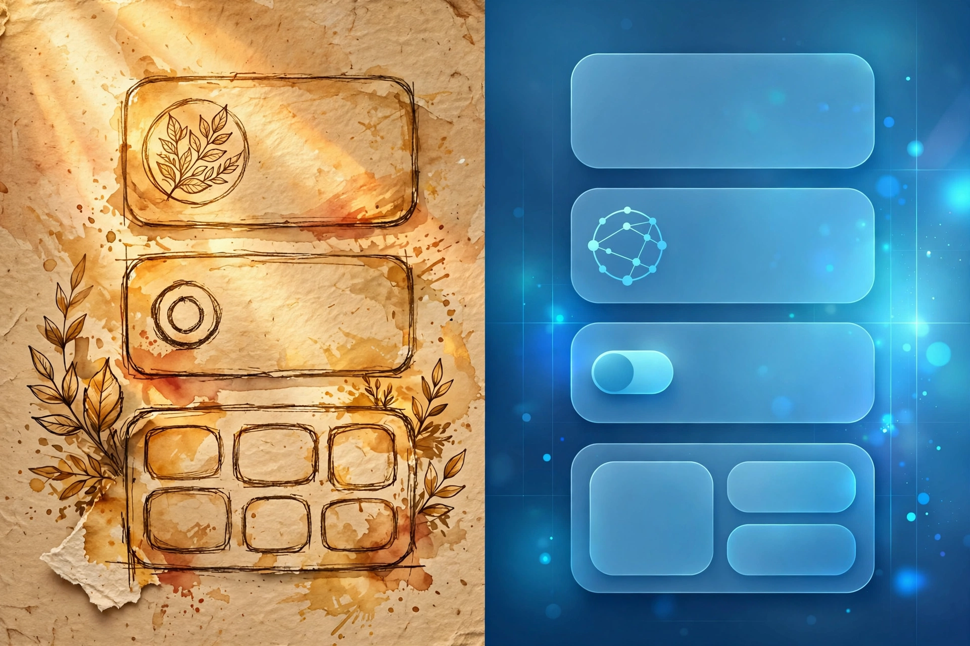 A hand-crafted rough design beside a polished digital interface, the human layer and the machine layer