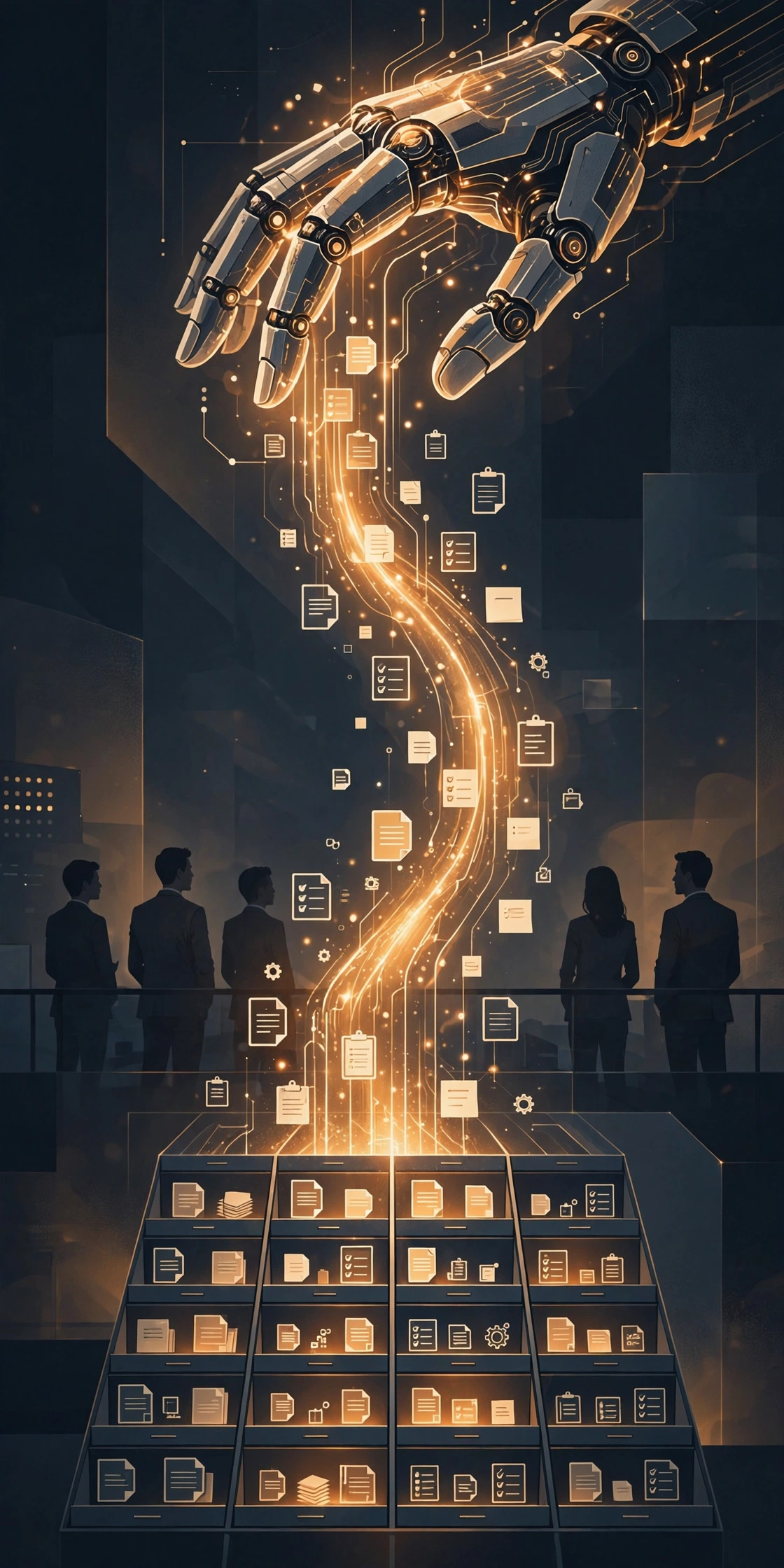 A vertical AI agent automating a business workflow end to end, with humans supervising in the background