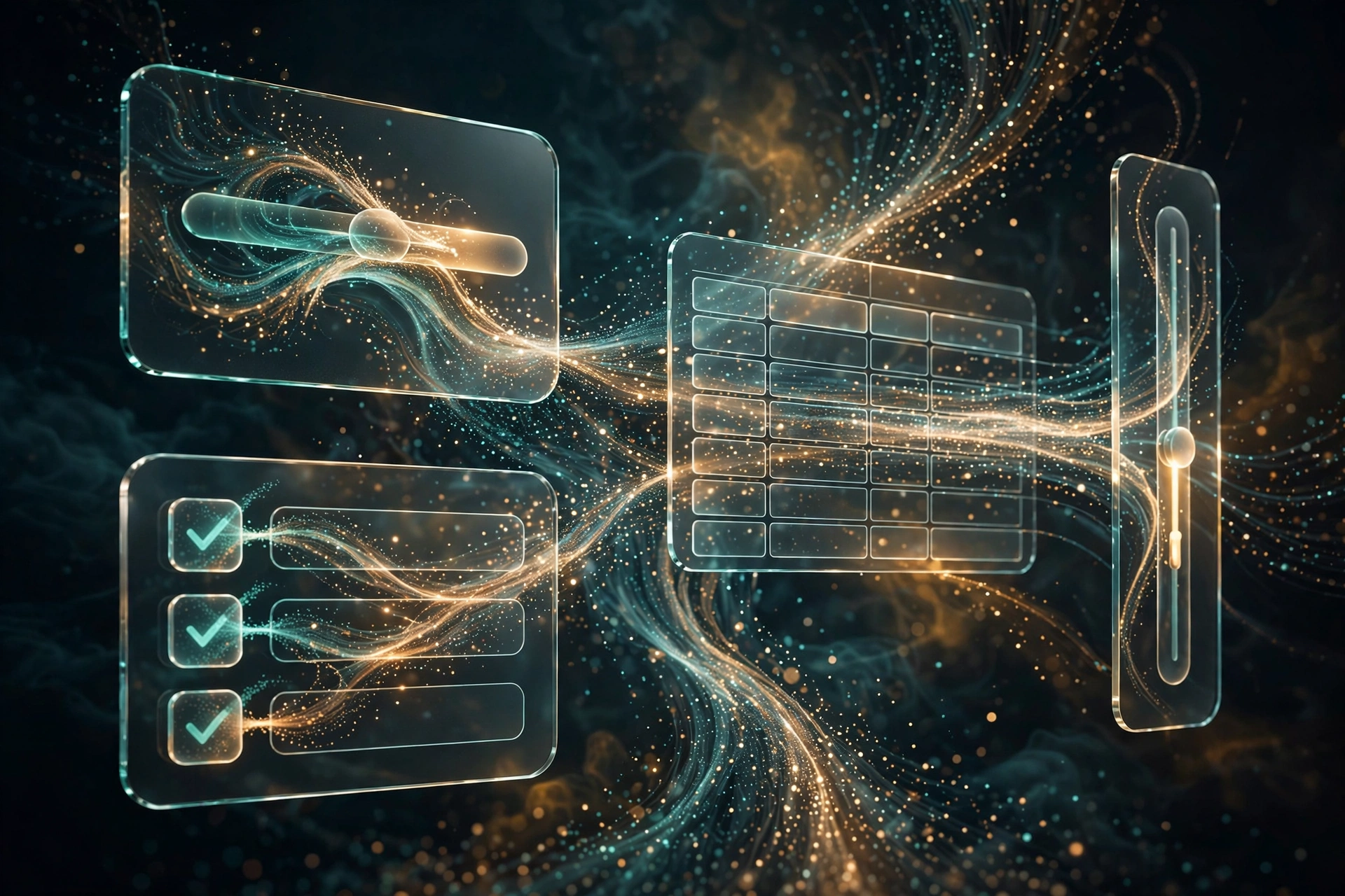 UI cards, sliders and form components materialising from flowing particle streams, as an interface generates itself on demand