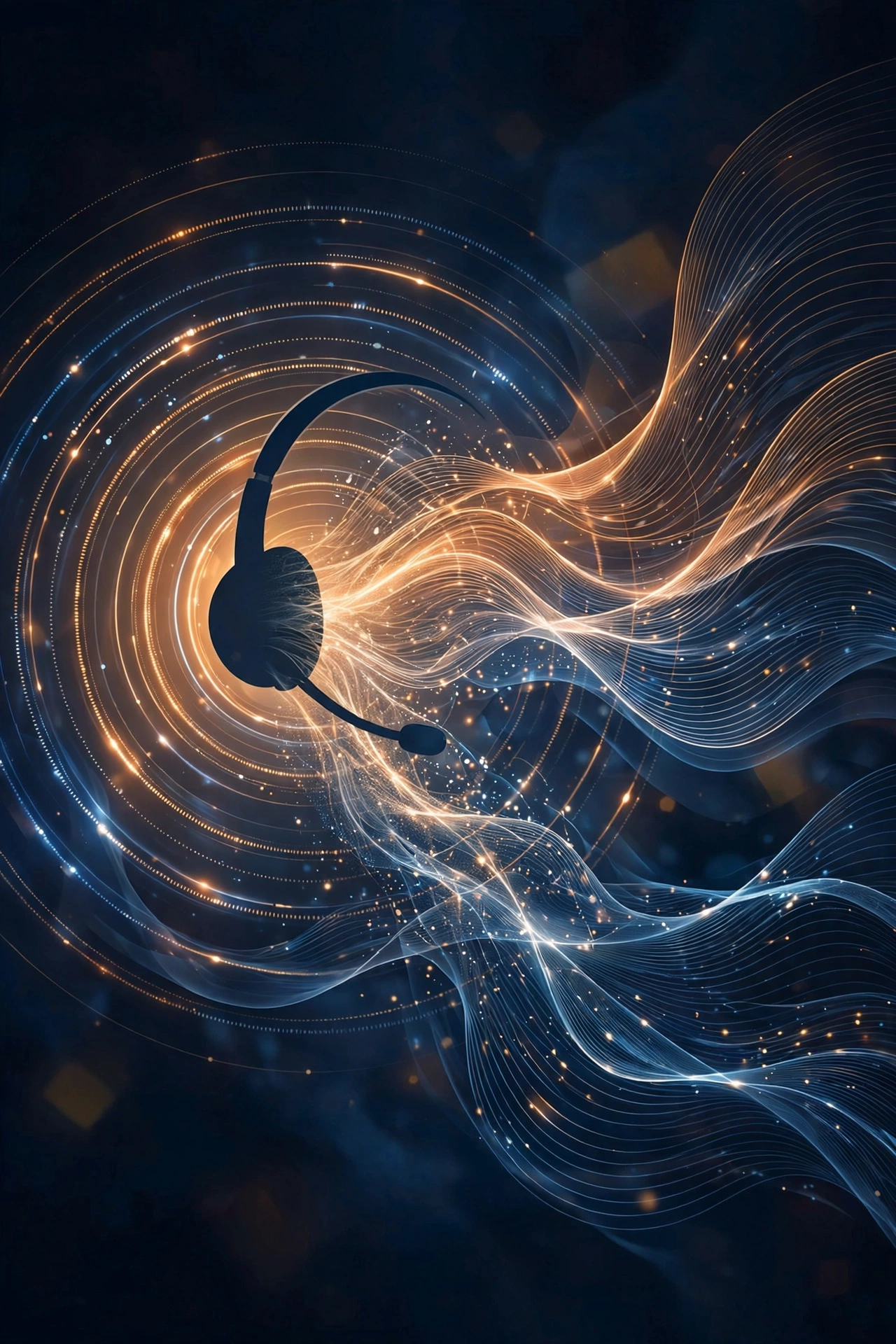 An AI voice receptionist visualised as a headset dissolving into sound waves and signal rings