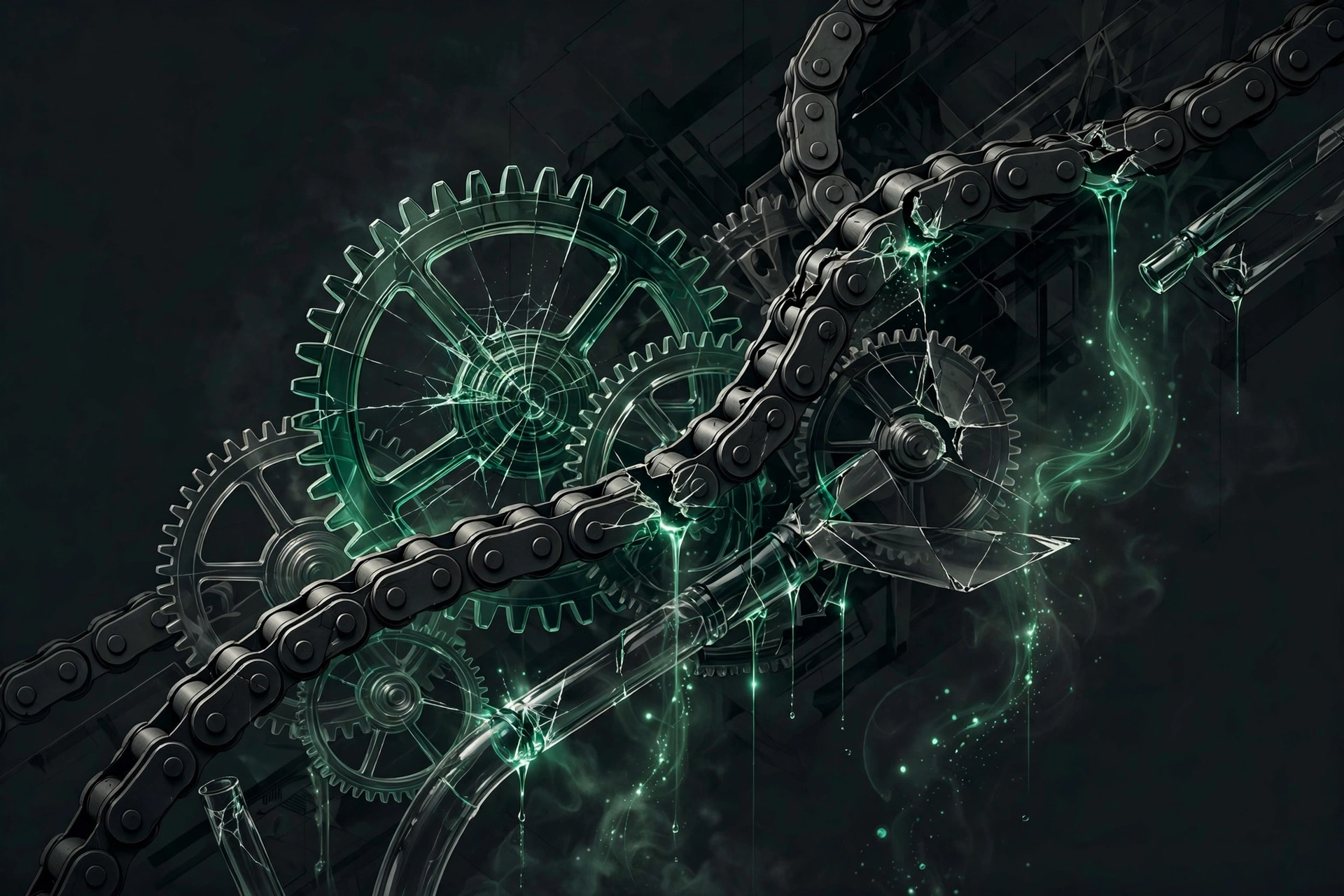 Glass gears and pipelines with cracked links representing the hidden costs inside automation