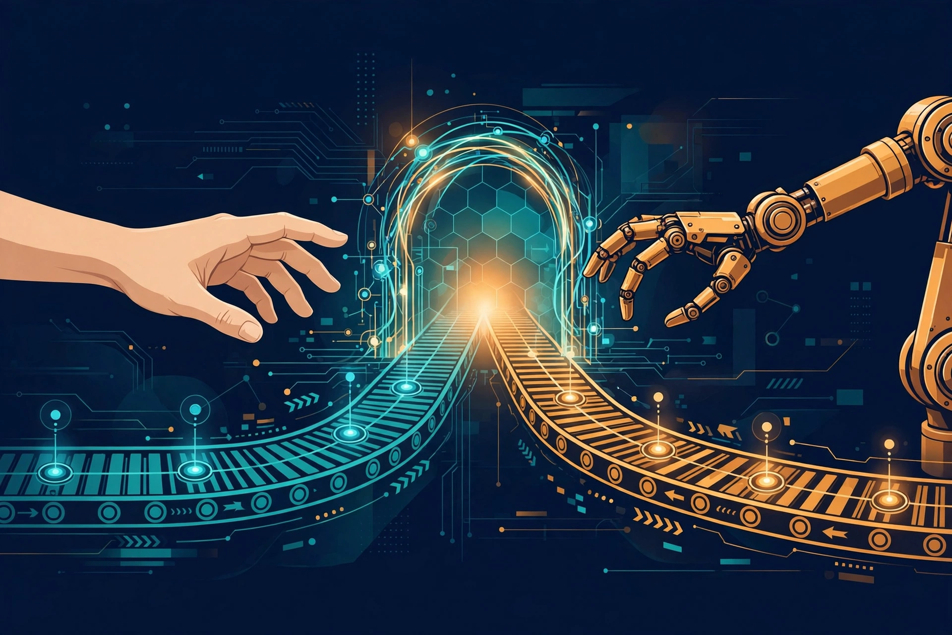A human hand and a robotic arm reaching toward a shared glowing approval gate between data streams