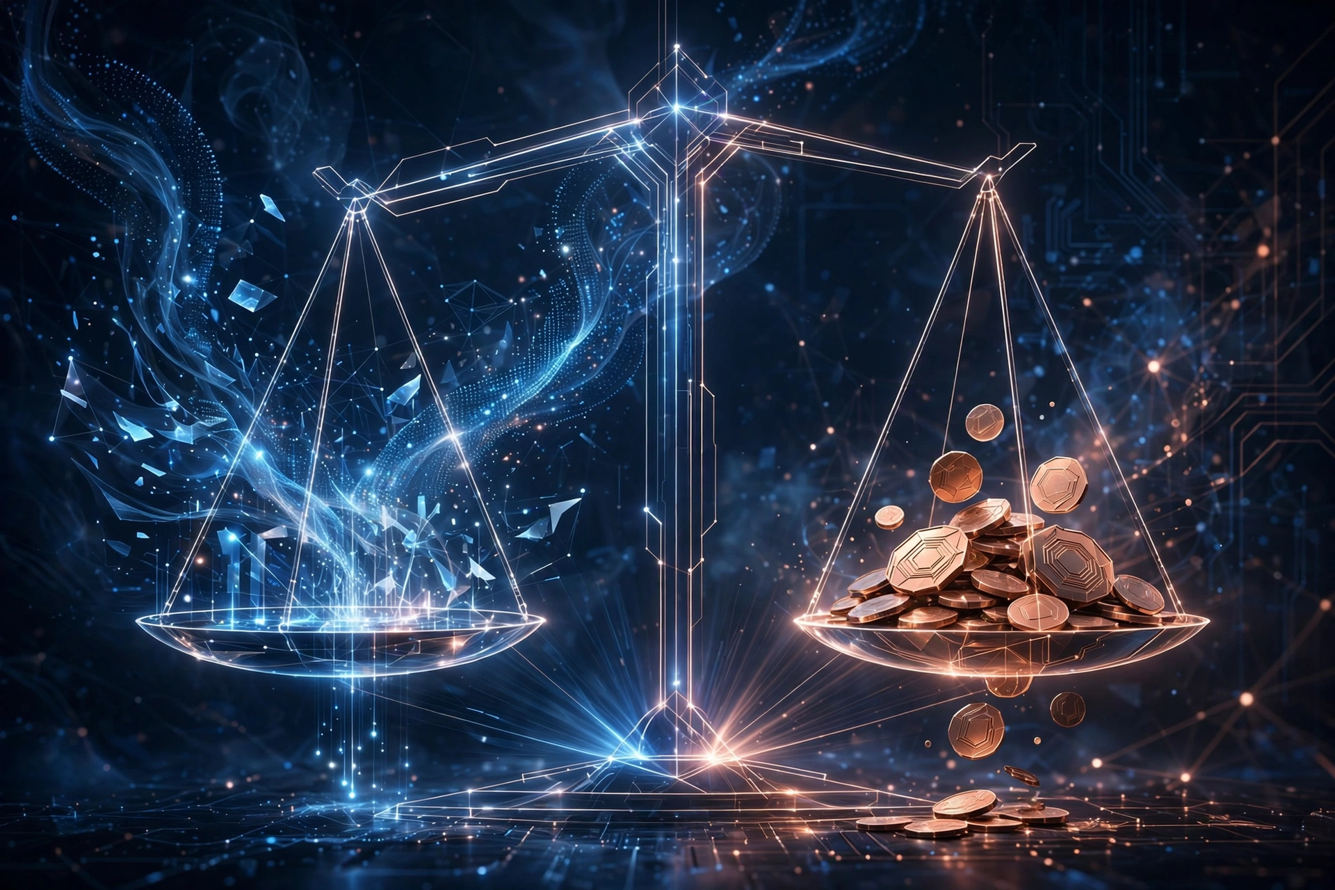 An abstract visual of weighing AI automation costs against its benefits
