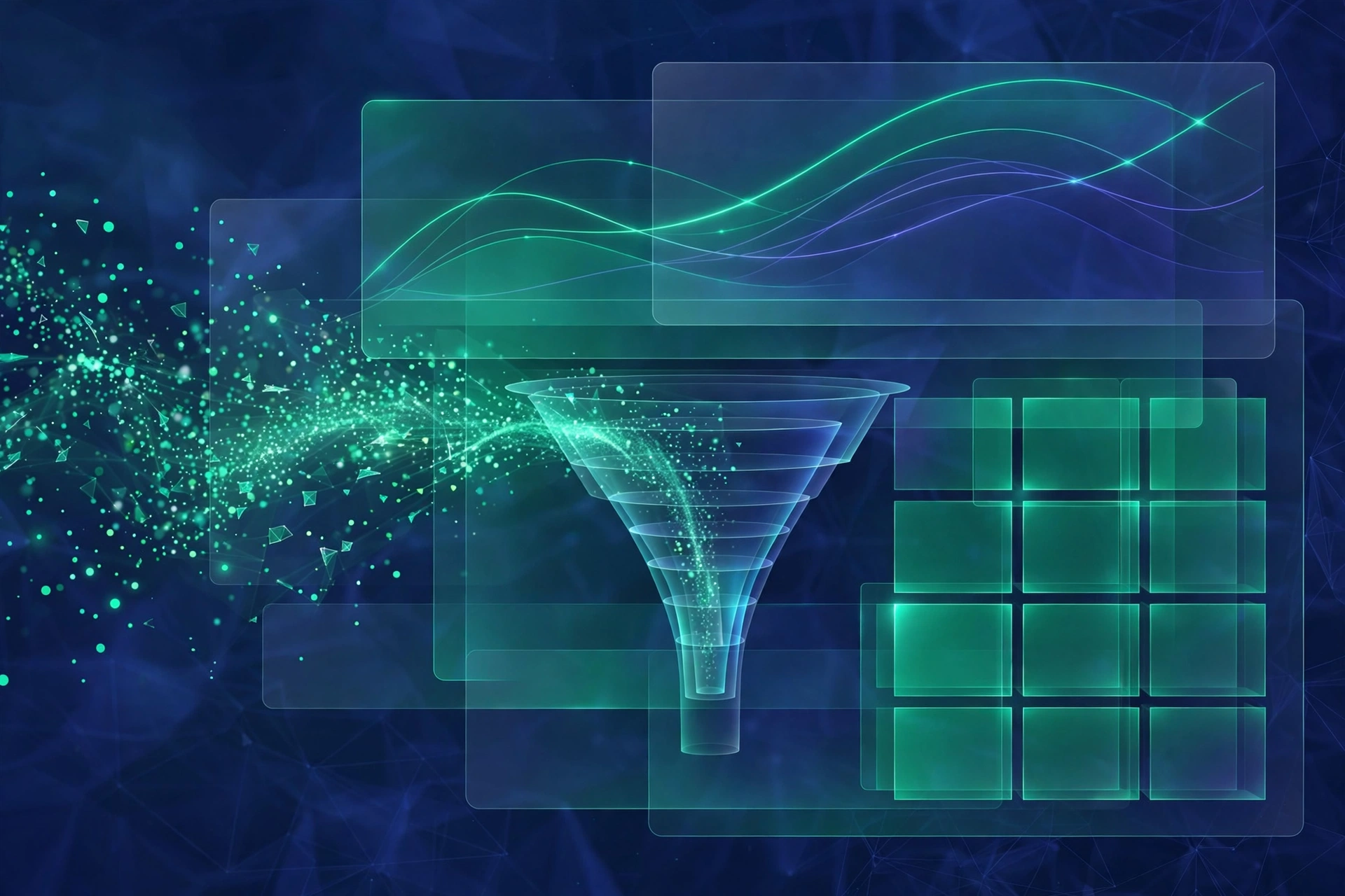 An abstract illustration of AI analytics dashboards turning raw data into measurable business outcomes
