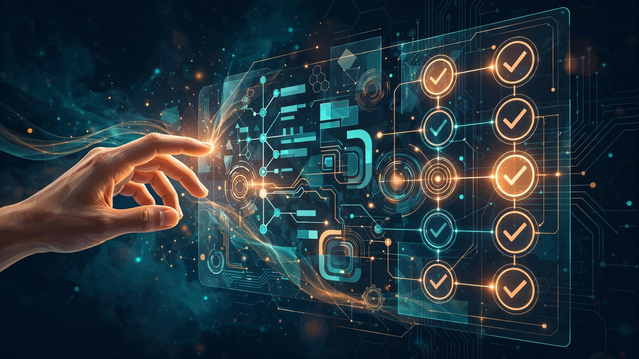 A human hand and a glowing digital interface collaborating on a software code review checklist