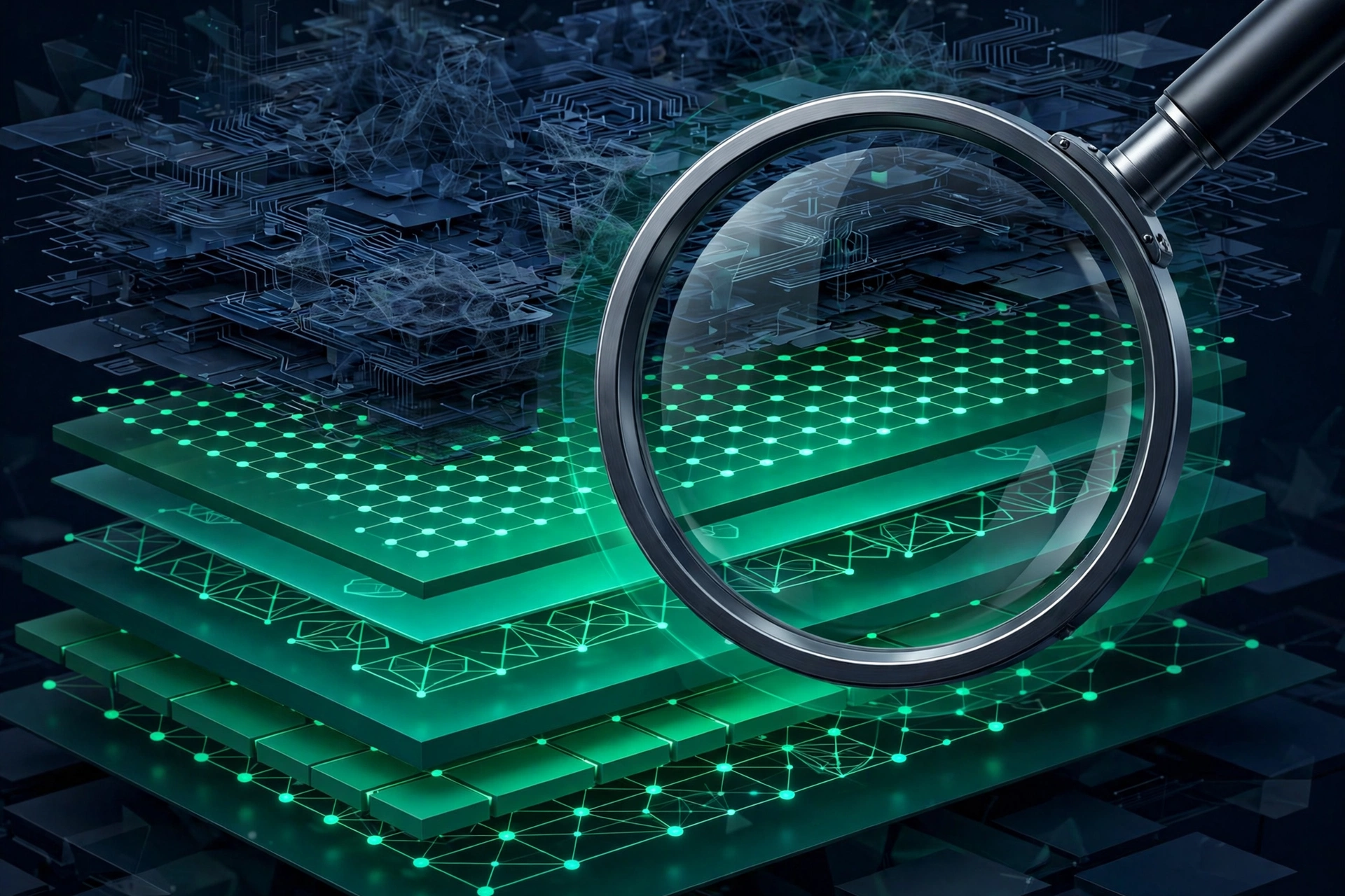 Layered software architecture being scanned by a magnifying lens, representing AI code security verification