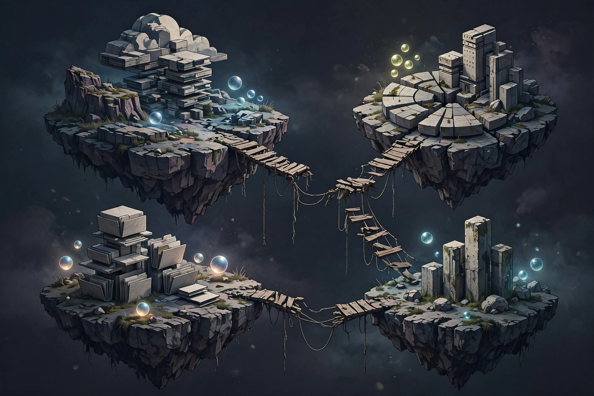 Disconnected software tools shown as separate islands with broken bridges and stranded glowing AI orbs
