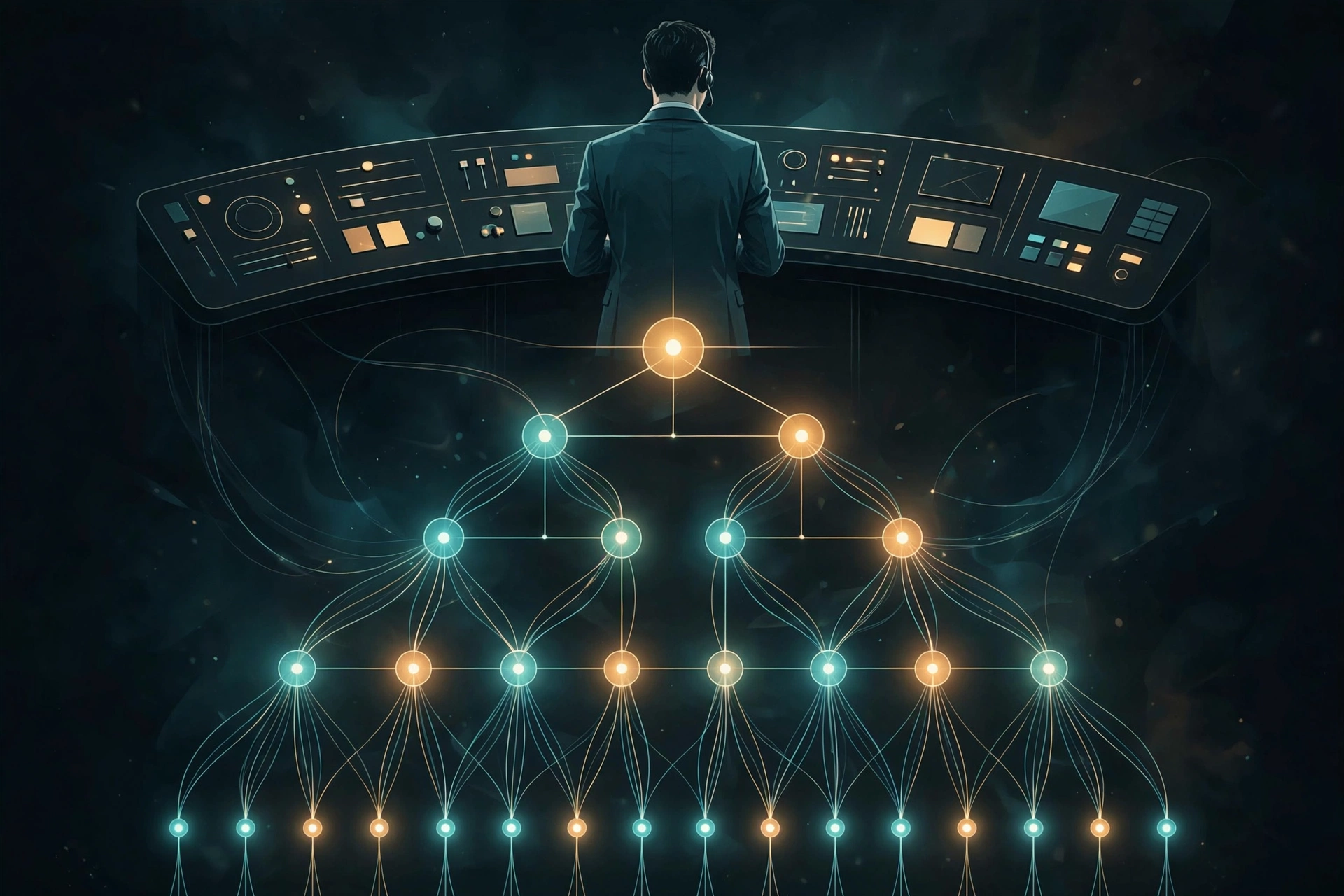 A human supervisor at a control panel overlooking an orderly network of glowing AI agent nodes with clear hierarchy and audit trails