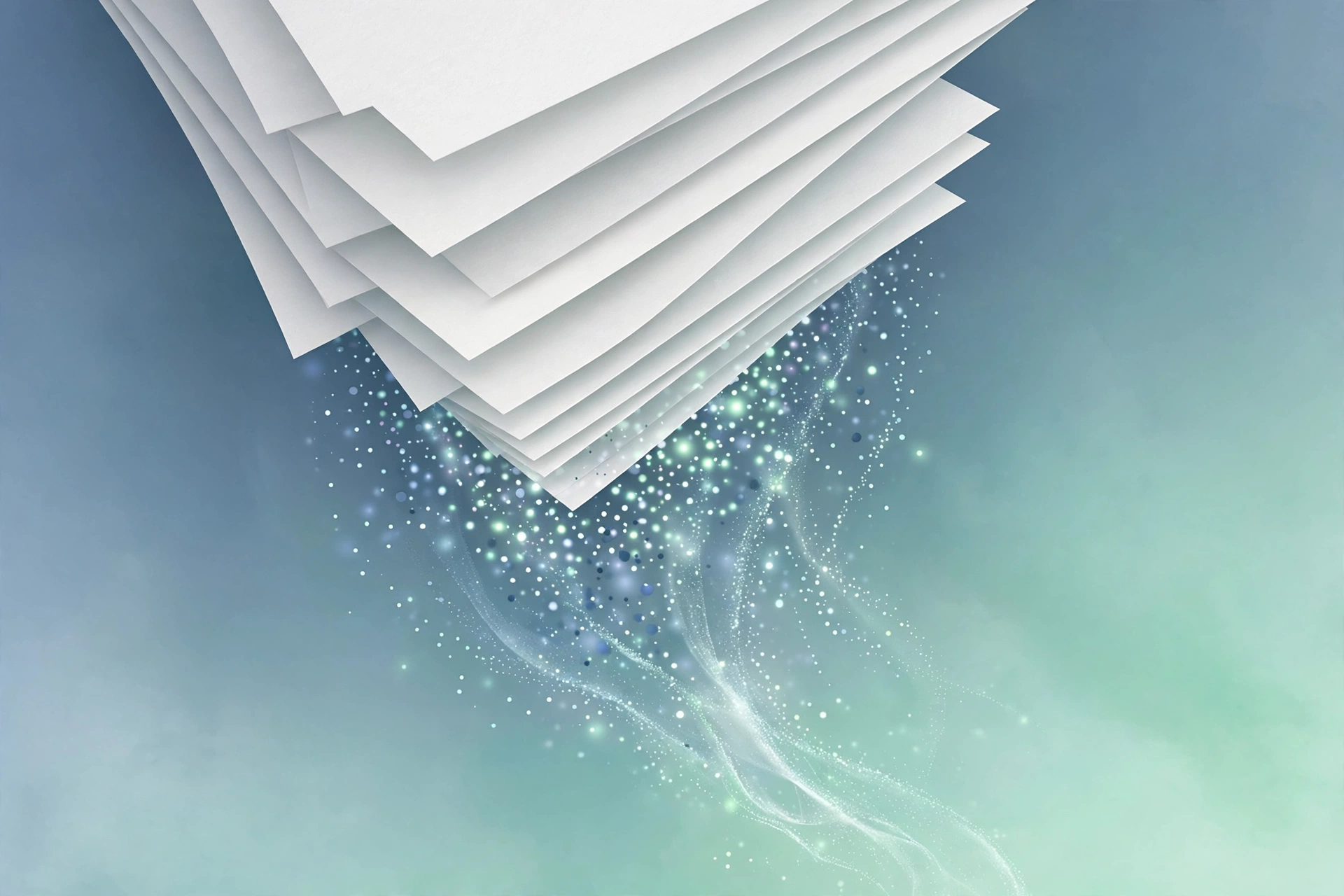 A conceptual illustration of AI token costs falling, shown as layered planes dissolving into streams of glowing data particles