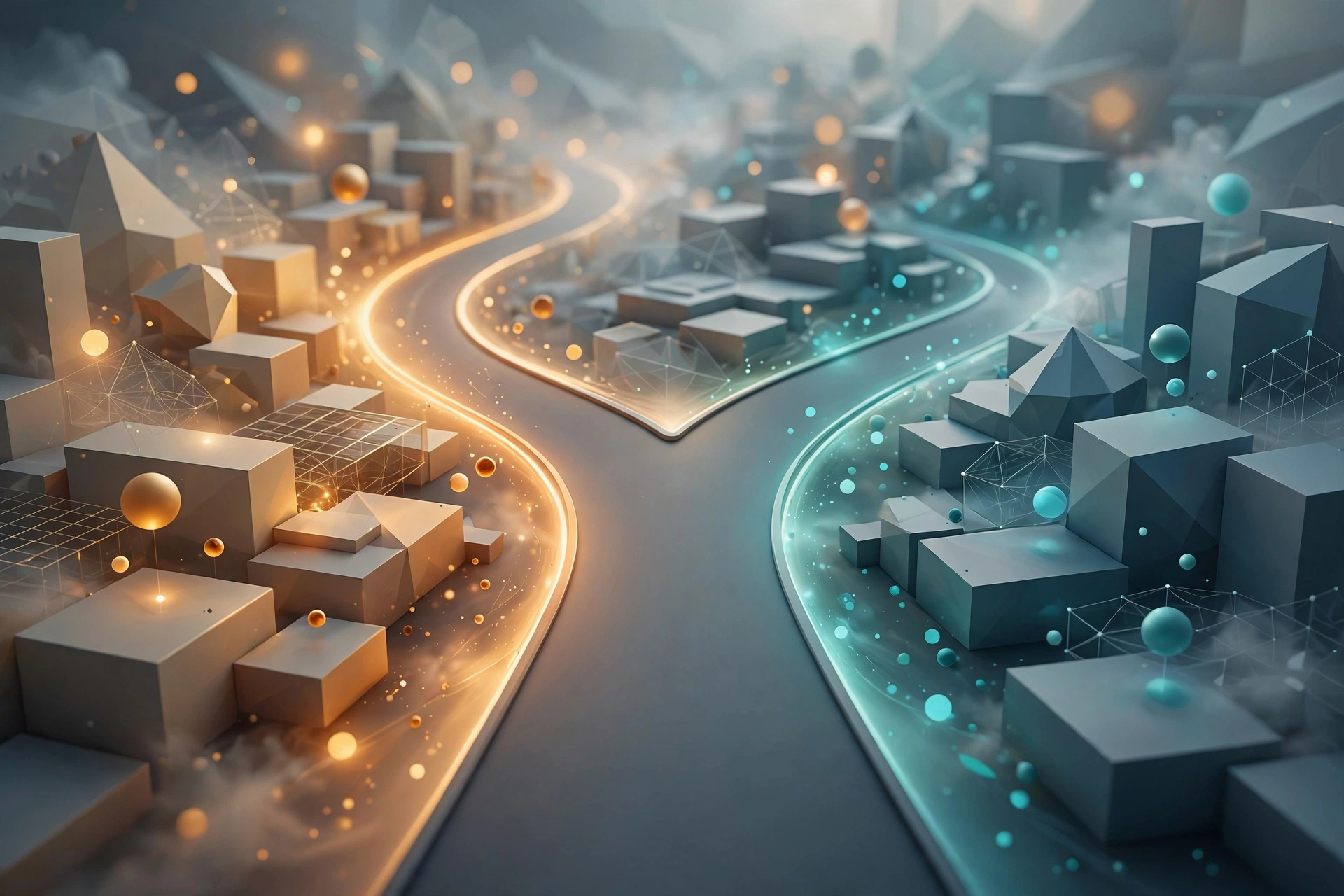 An abstract illustration of a decision point for technology budgeting, showing a road splitting into two glowing paths