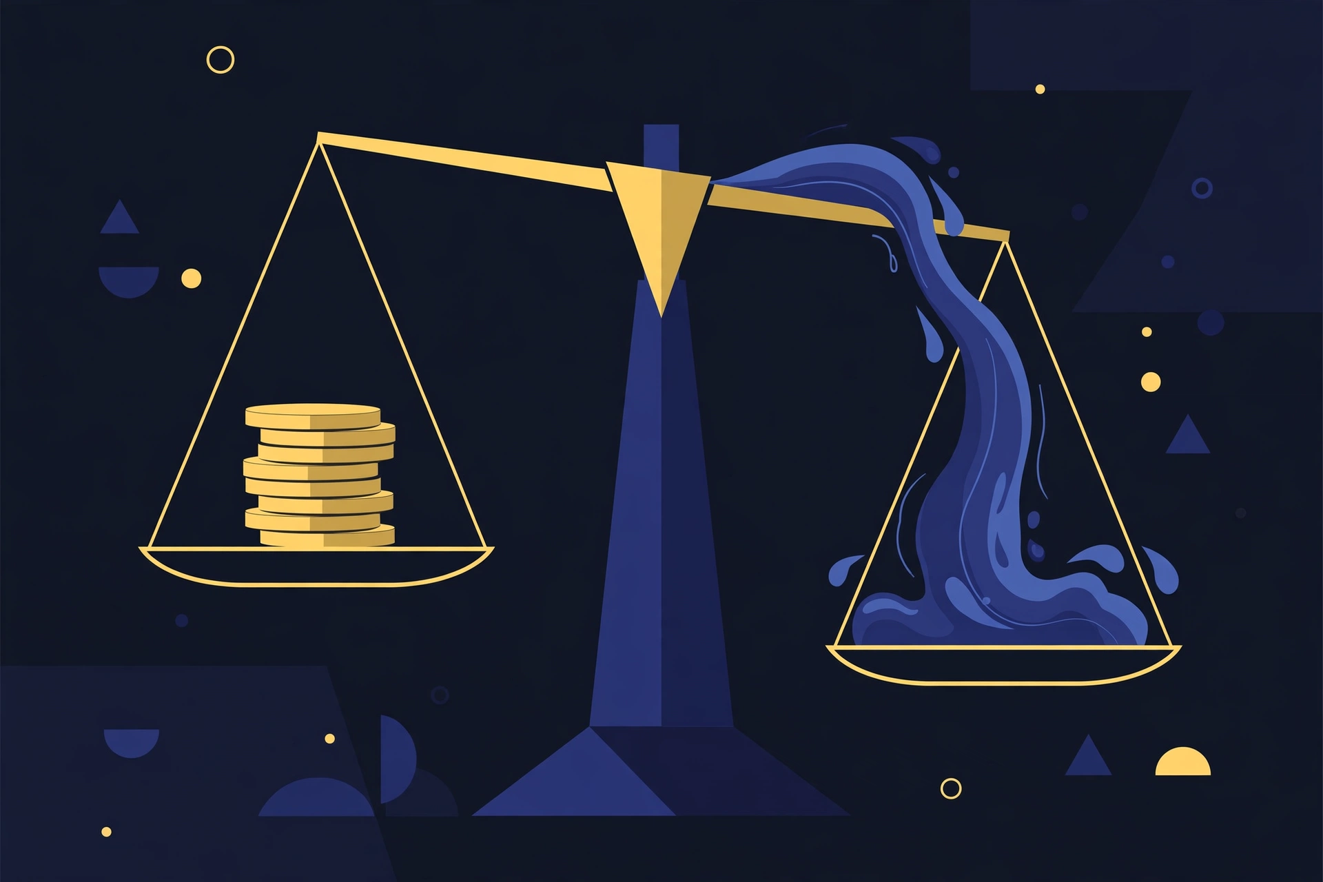 Abstract illustration of a balance scale merging flat coin stacks with a flowing metered stream, representing hybrid SaaS pricing