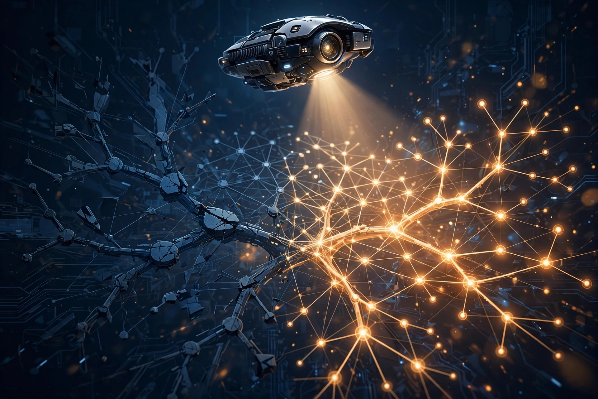 An abstract visualisation of a webpage's accessibility tree being scanned by a robotic eye, one side broken and dim, the other complete and glowing