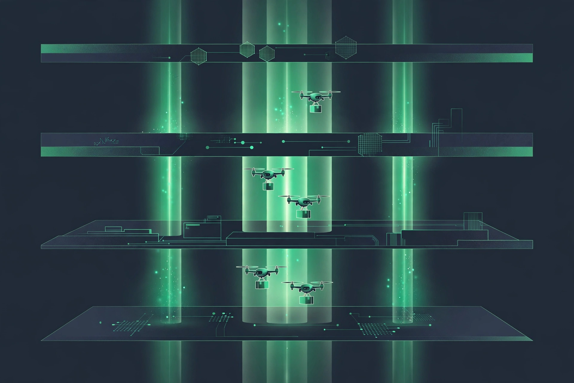 Abstract layered illustration of commerce protocols as stacked layers with autonomous couriers moving between them