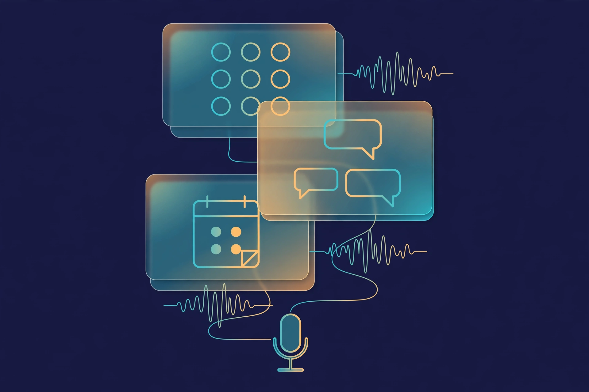 Voice agent deployment workflow: phone call, conversation transcript, and calendar booking connected by voice