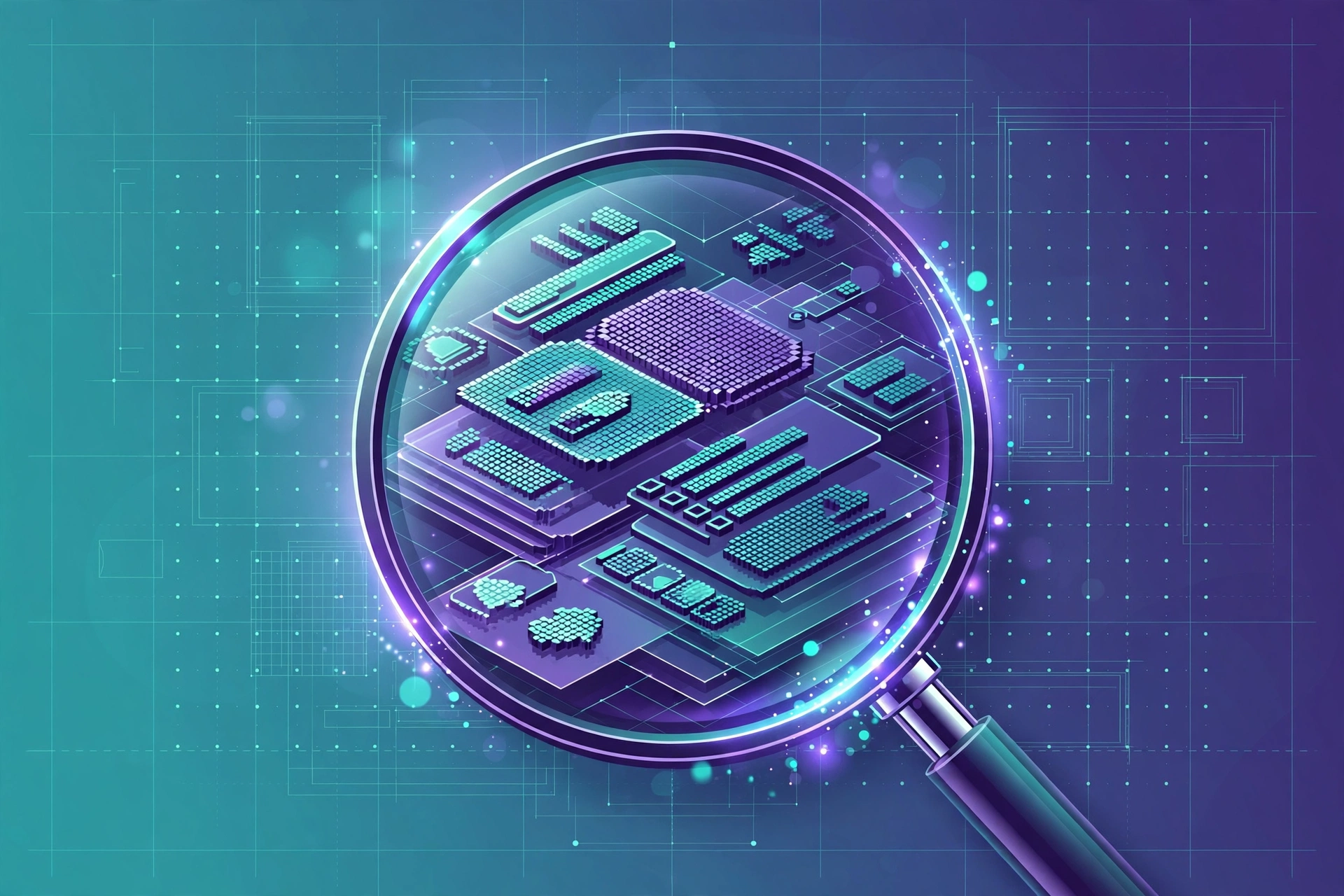 Abstract illustration of a design grid under a magnifying lens revealing pixel-level interface detail, representing catching design drift in AI-built interfaces