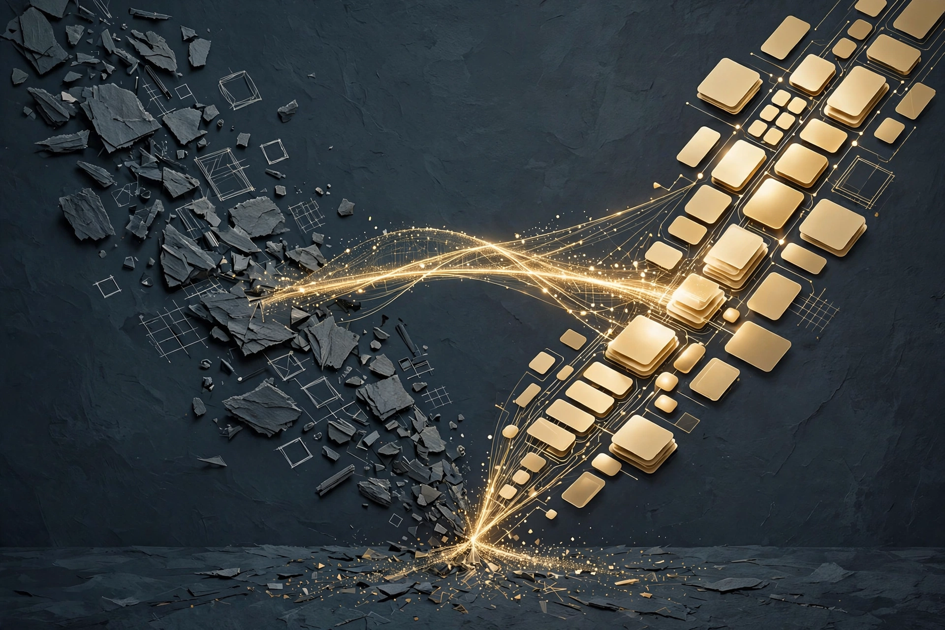 Abstract visual of two diverging paths, one with scattered raw UI fragments and one with a refined glowing interface, connected by a bridge of light