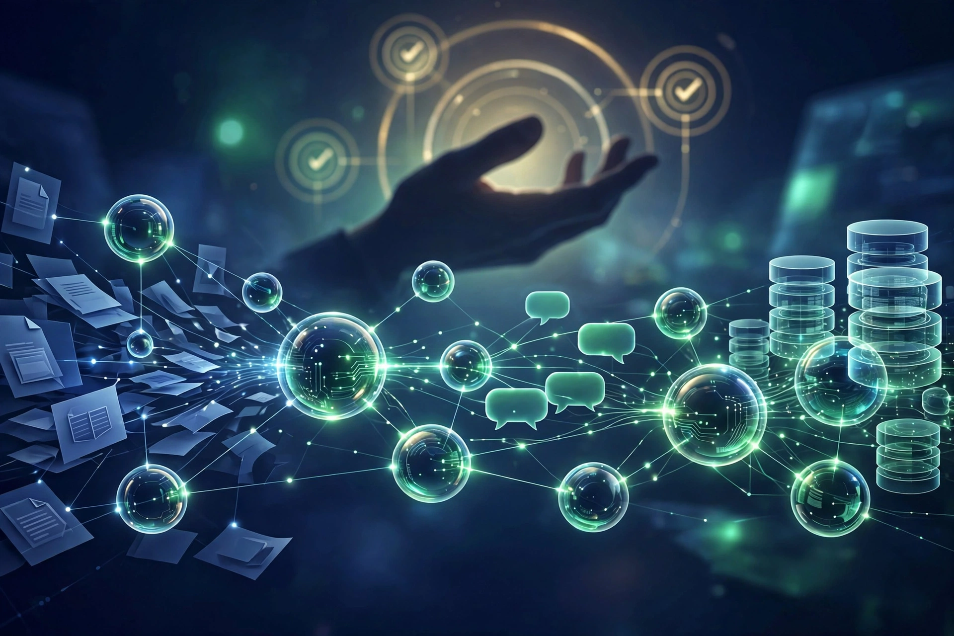 Abstract illustration of autonomous AI agents working with human-in-the-loop oversight and approval checkpoints