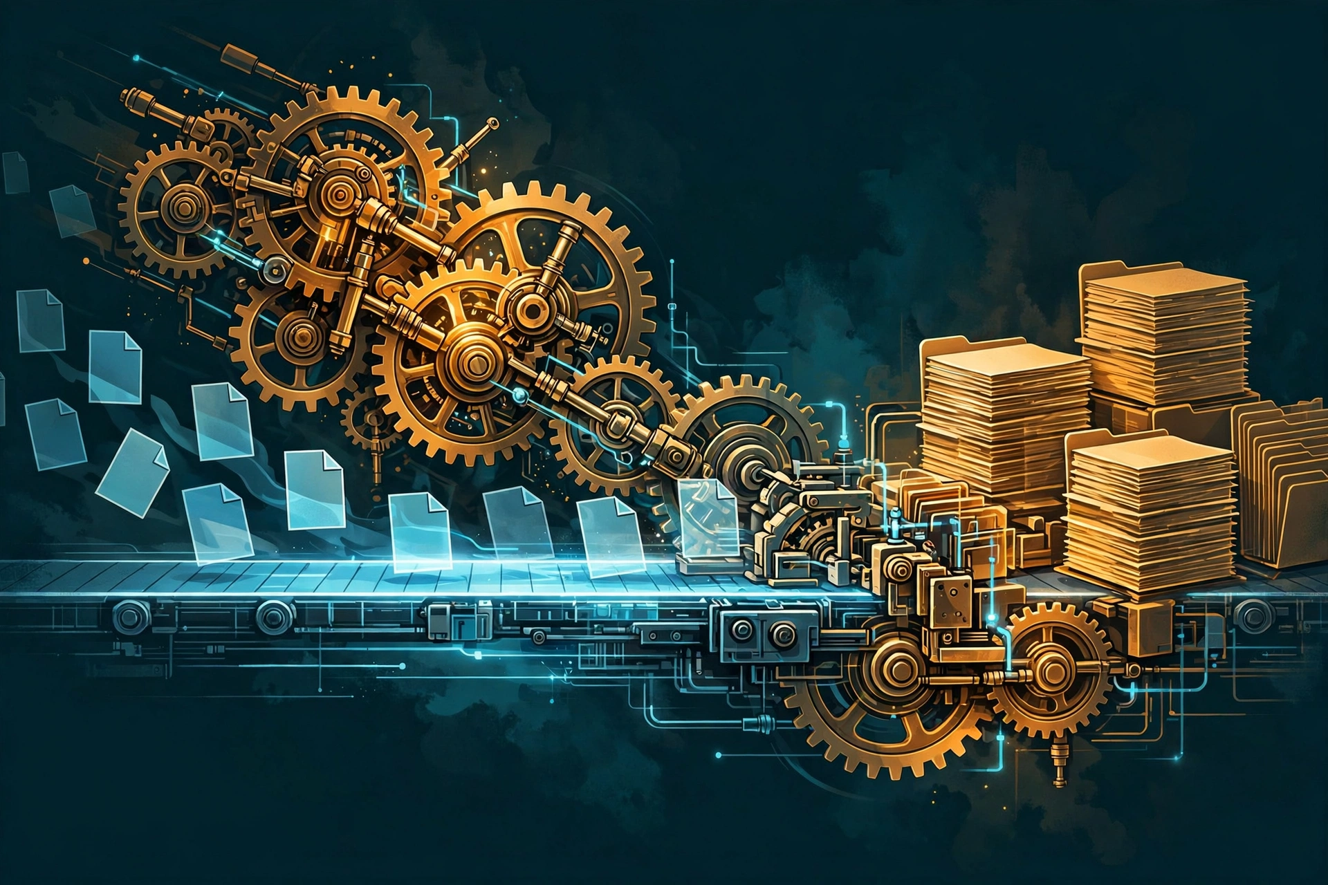 An automation pipeline transforming raw work into organised output