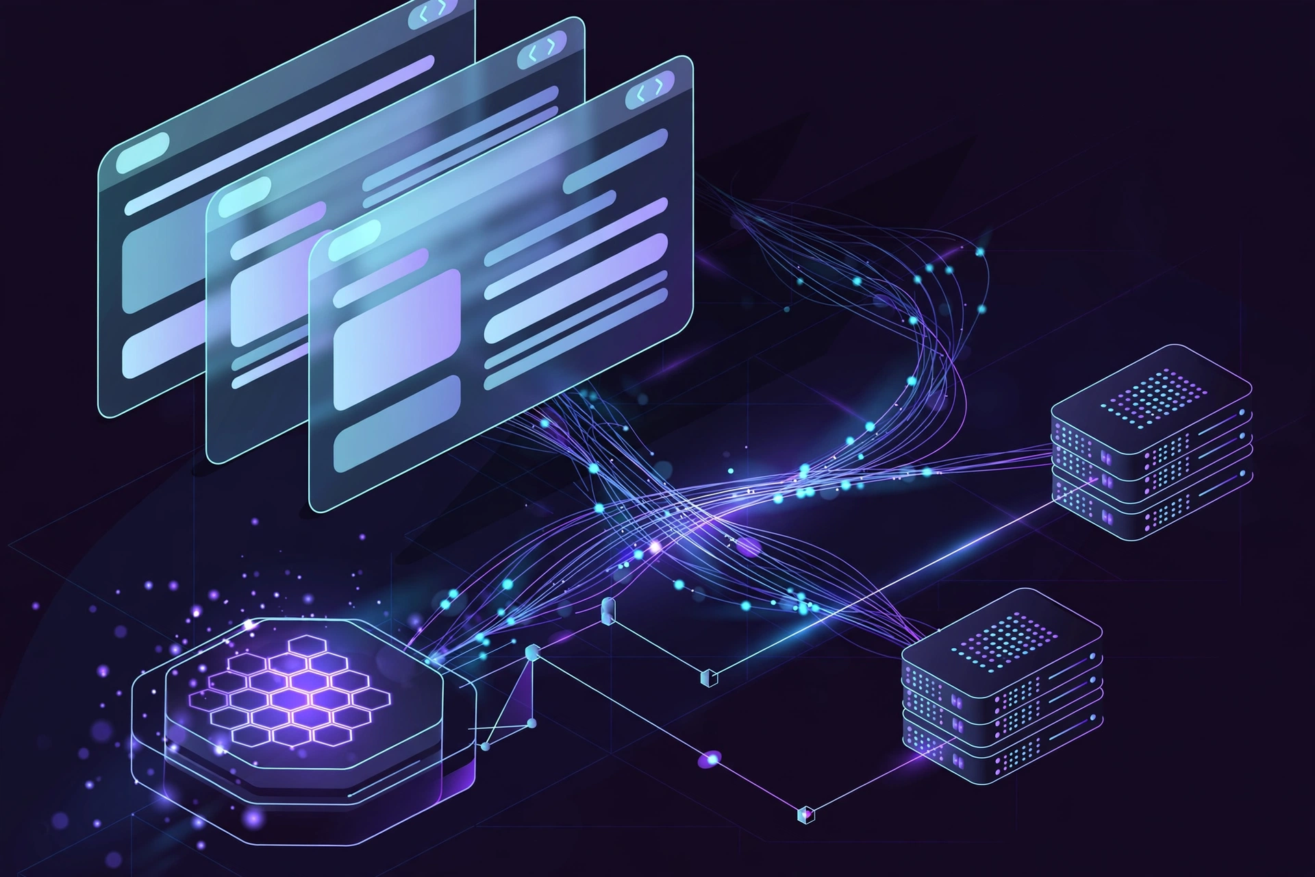 Modern web application architecture: browser panels, server nodes and data streams