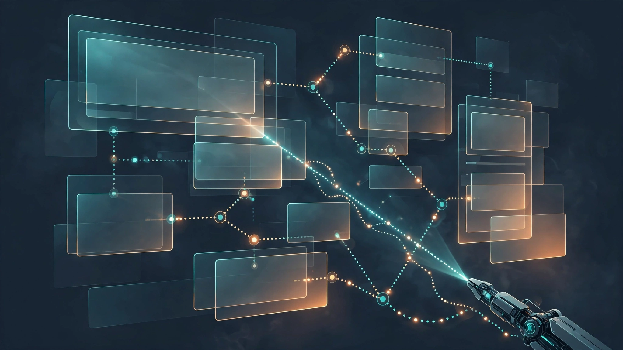 Conceptual illustration: an AI agent reading and acting on a website's structured layout