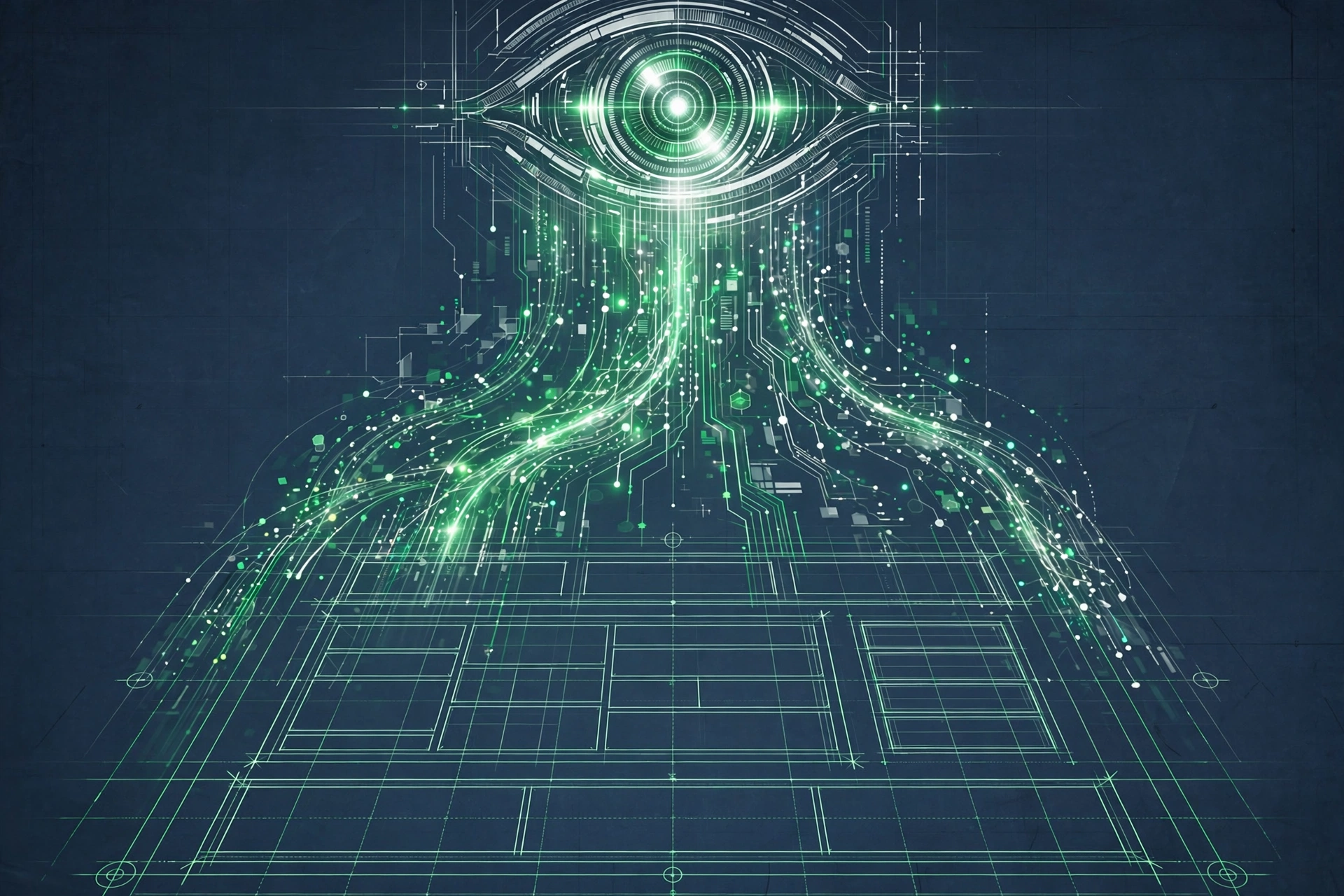 A business website blueprint being read by an AI agent, with structured data flowing upward