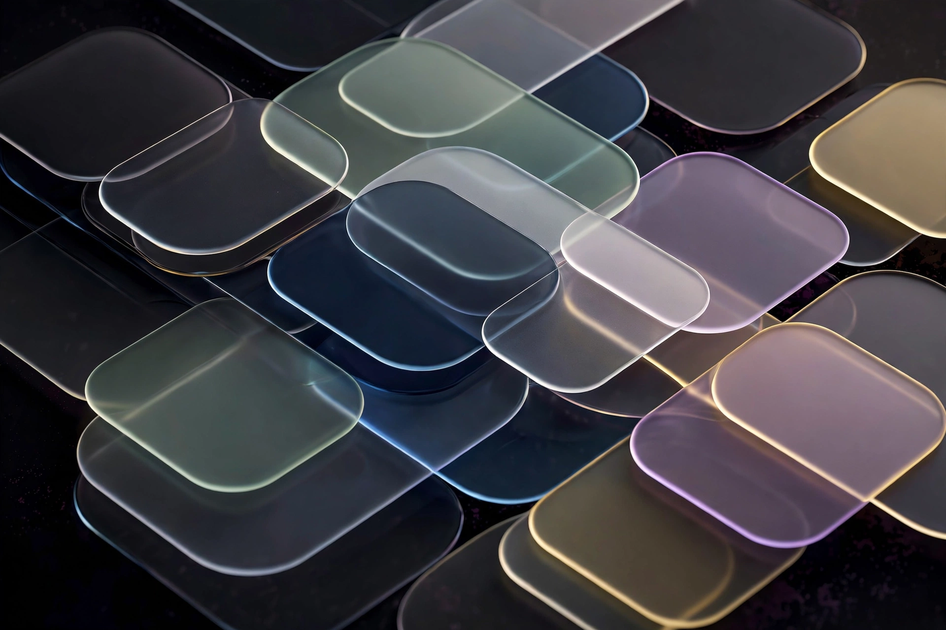 Abstract illustration of a dark-mode colour palette system with layered swatches
