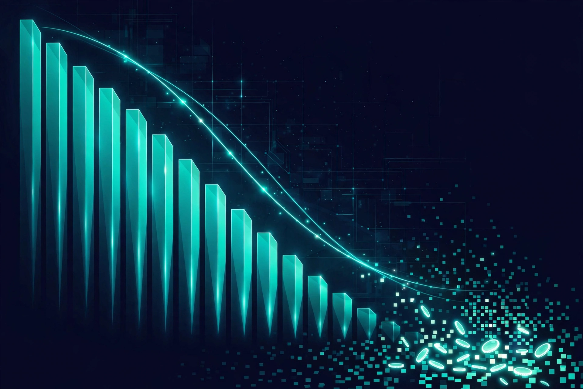 AI model inference costs falling steeply, visualised as glowing descending bars