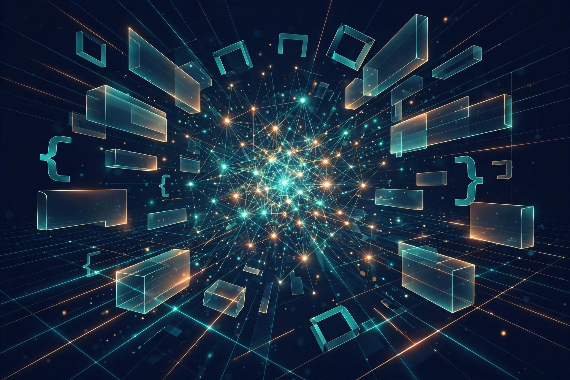 AI coding agents visualised as glowing code blocks in an automation grid