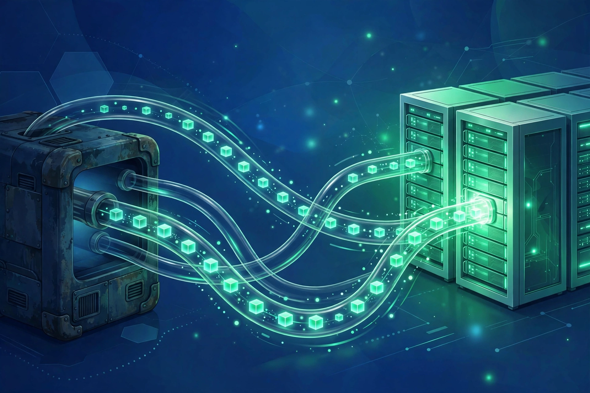 Data migration visual: luminous cubes flowing from an old container into a bright modern server cluster