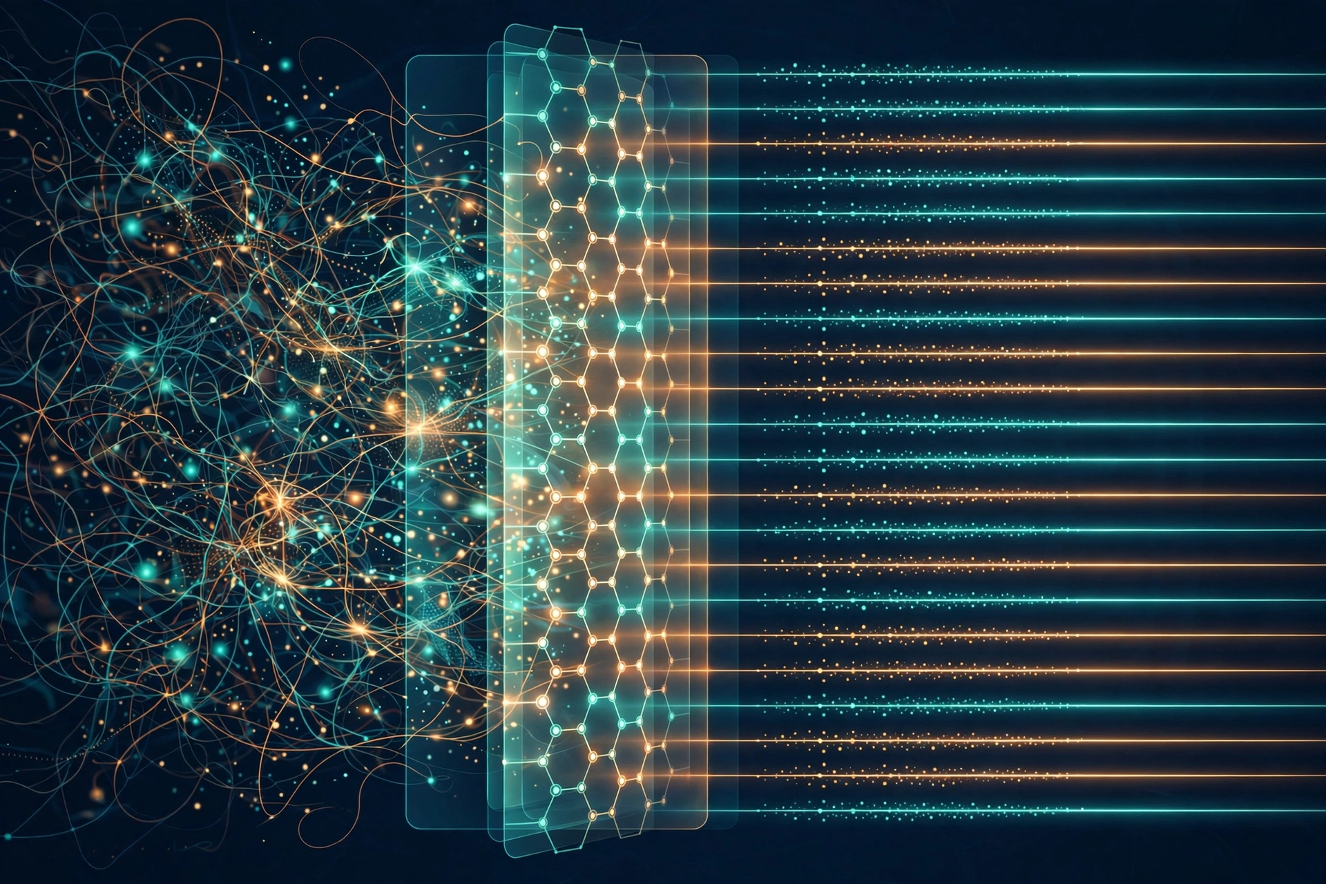 Clean, organised data streams flowing through a filter layer — the data hygiene that decides whether an AI agent deployment succeeds