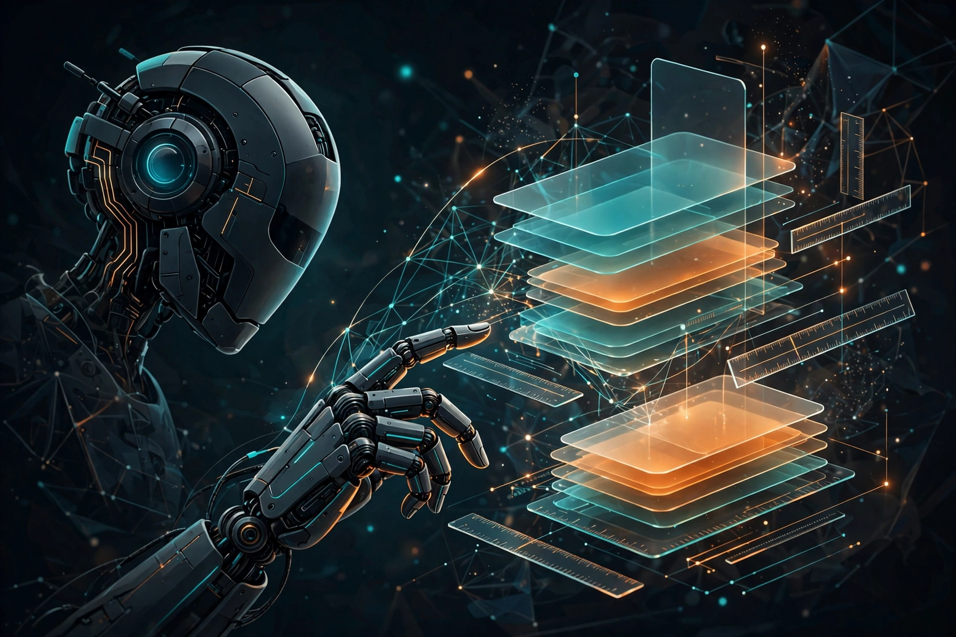 An AI agent inspecting a stack of design tokens — colour cards, spacing rulers and glowing connections between them