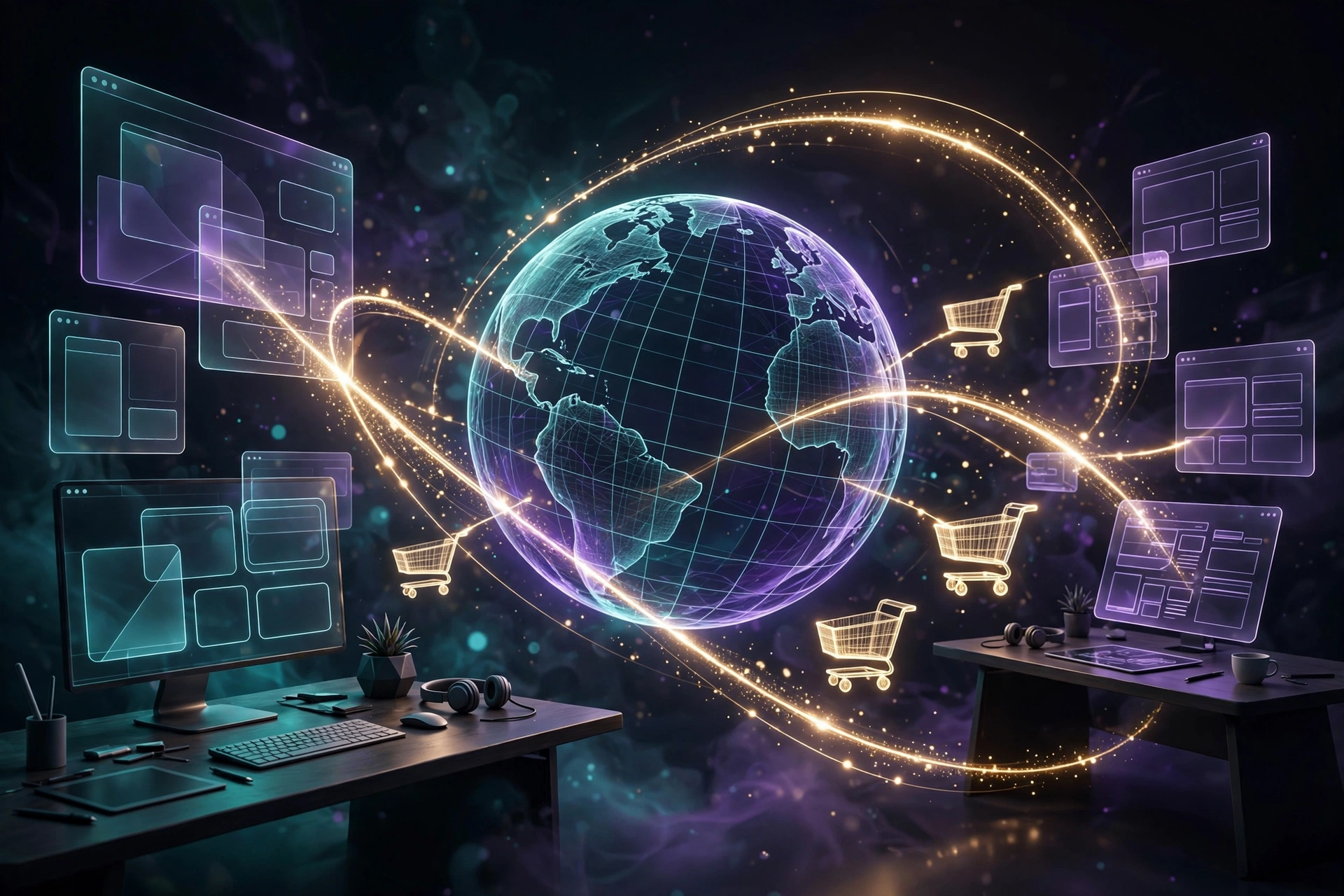 Abstract illustration of a glowing globe connecting two distant studio desks, representing offshore collaboration between the US and Pakistan