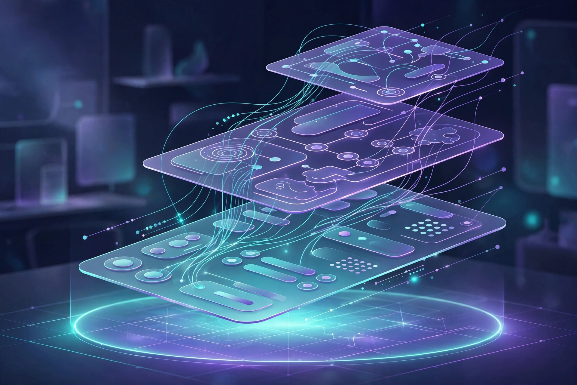 Code Layers concept: interactive prototypes stacked in 3D perspective above a glowing canvas, connected by flowing lines