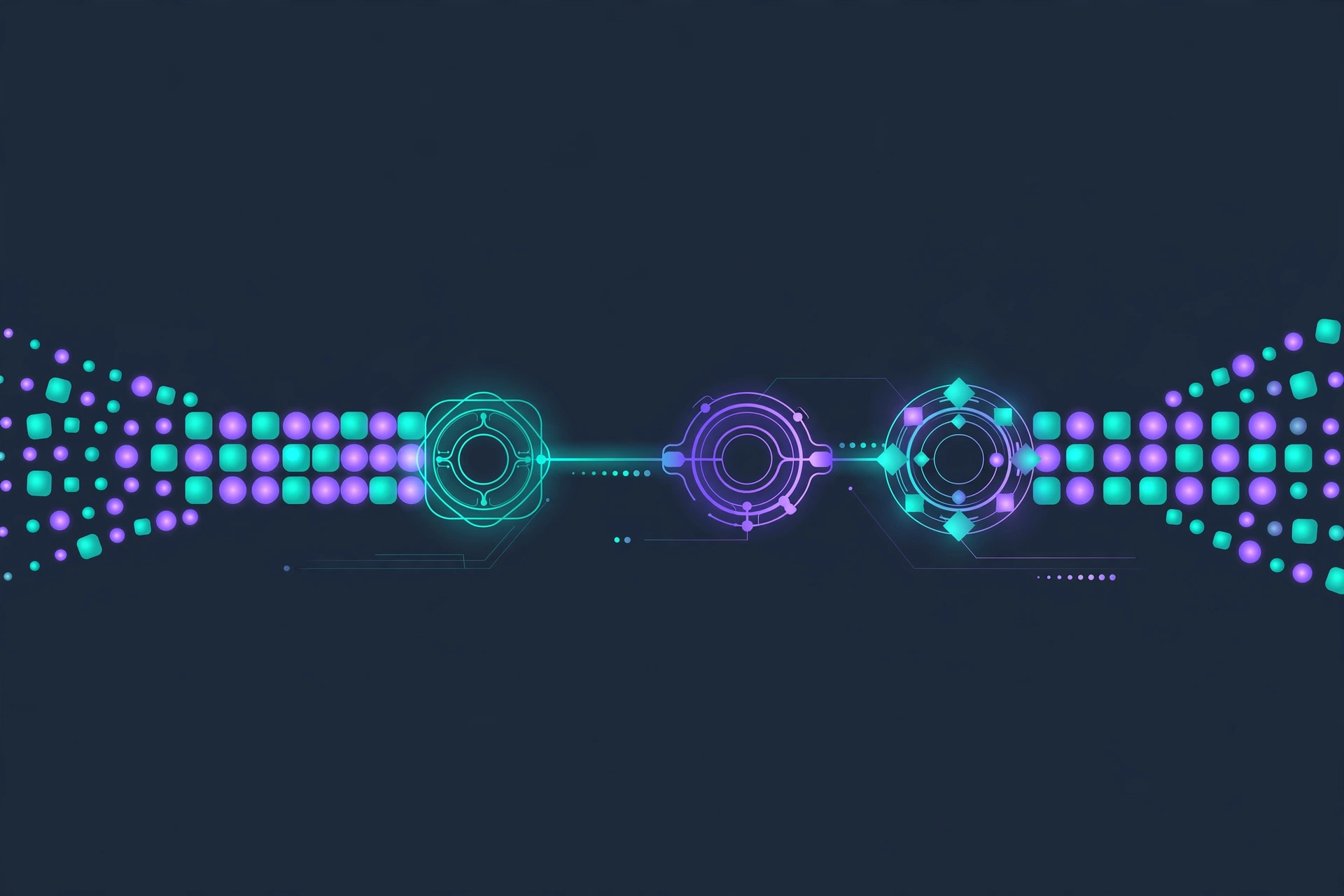 A glowing stream of geometric design tokens flowing through connected nodes, visualising a design token pipeline
