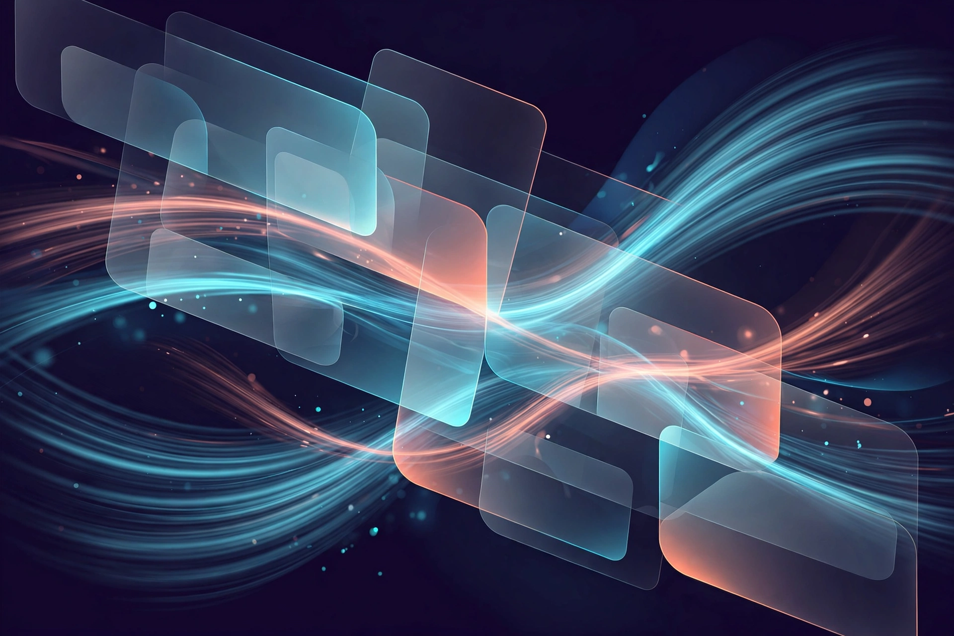 Layered translucent interface panels with motion blur trails, visualising motion design handoff