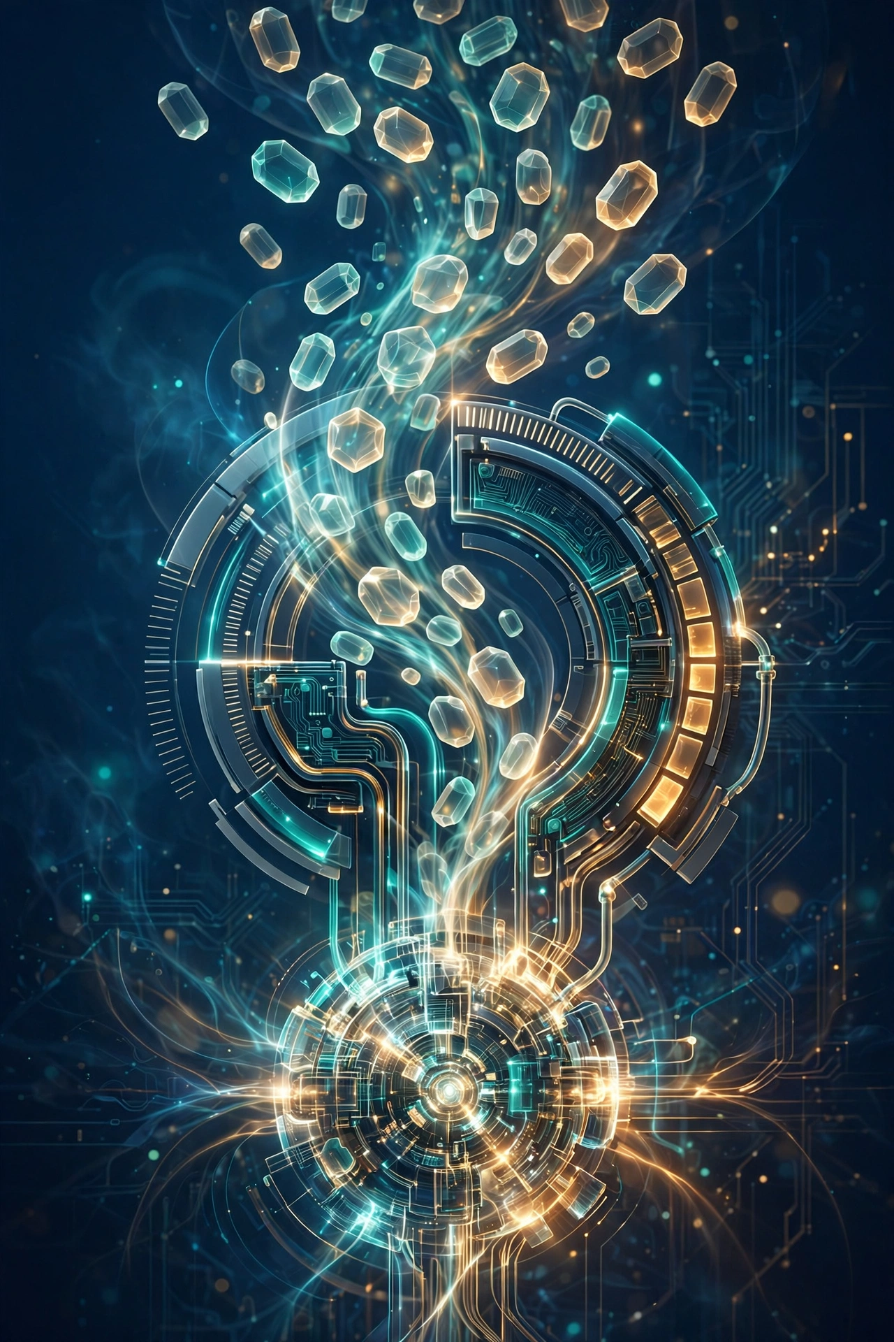 Abstract visualisation of AI model pricing: glowing token streams flowing through a pricing structure into a processing core