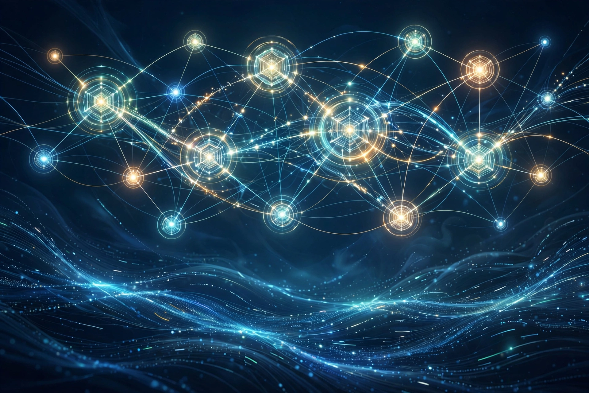 Abstract illustration of AI agents collaborating: a constellation of luminous nodes connected by threads of light