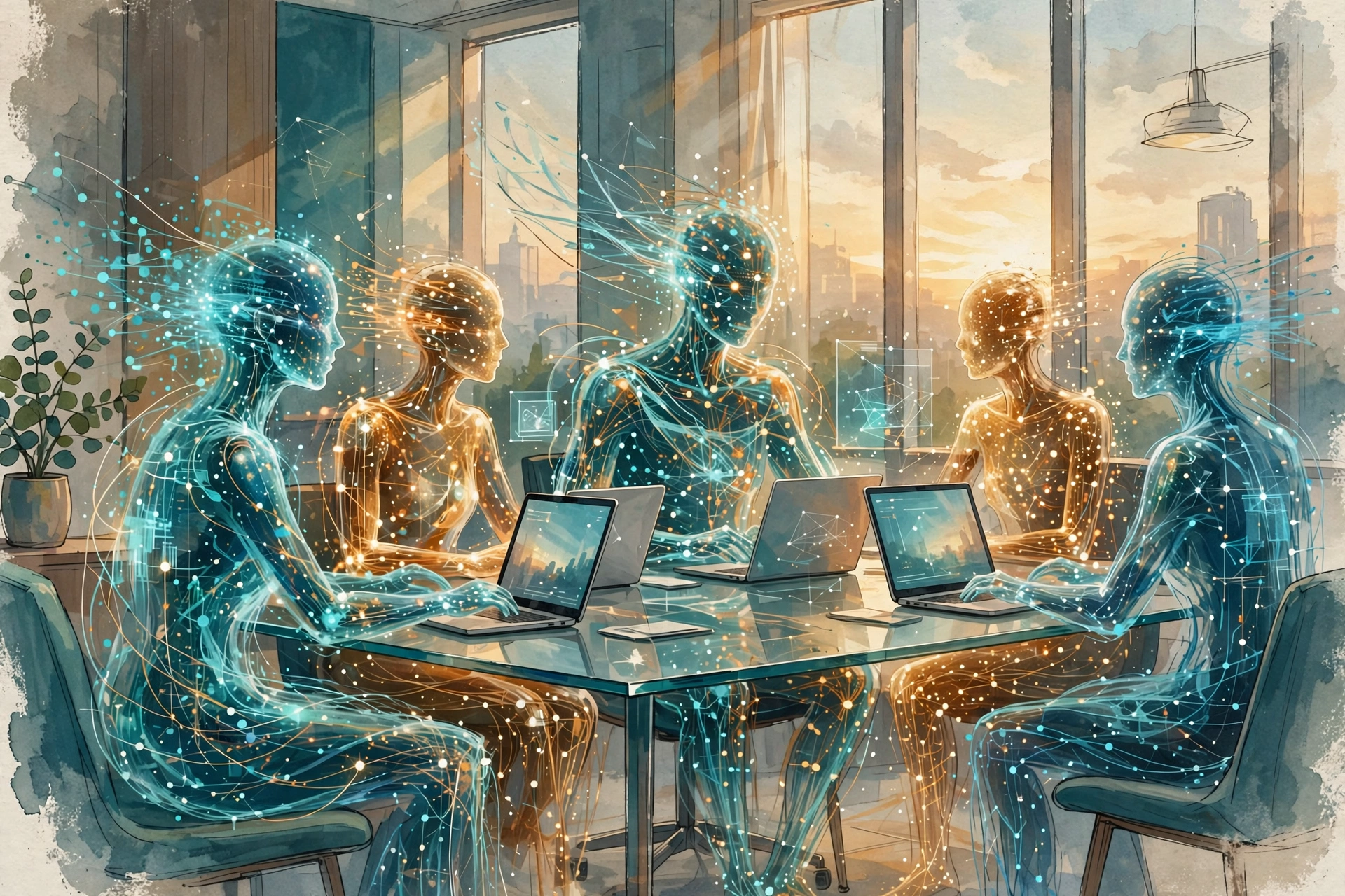 Abstract illustration of digital AI coworker agents joining a team meeting in a modern office