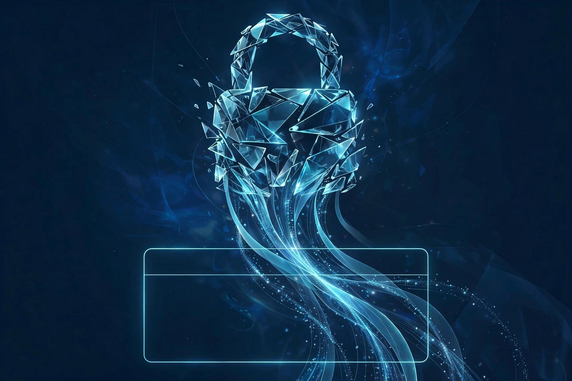 Abstract illustration of a glowing padlock dissolving into encrypted data streams over a browser window