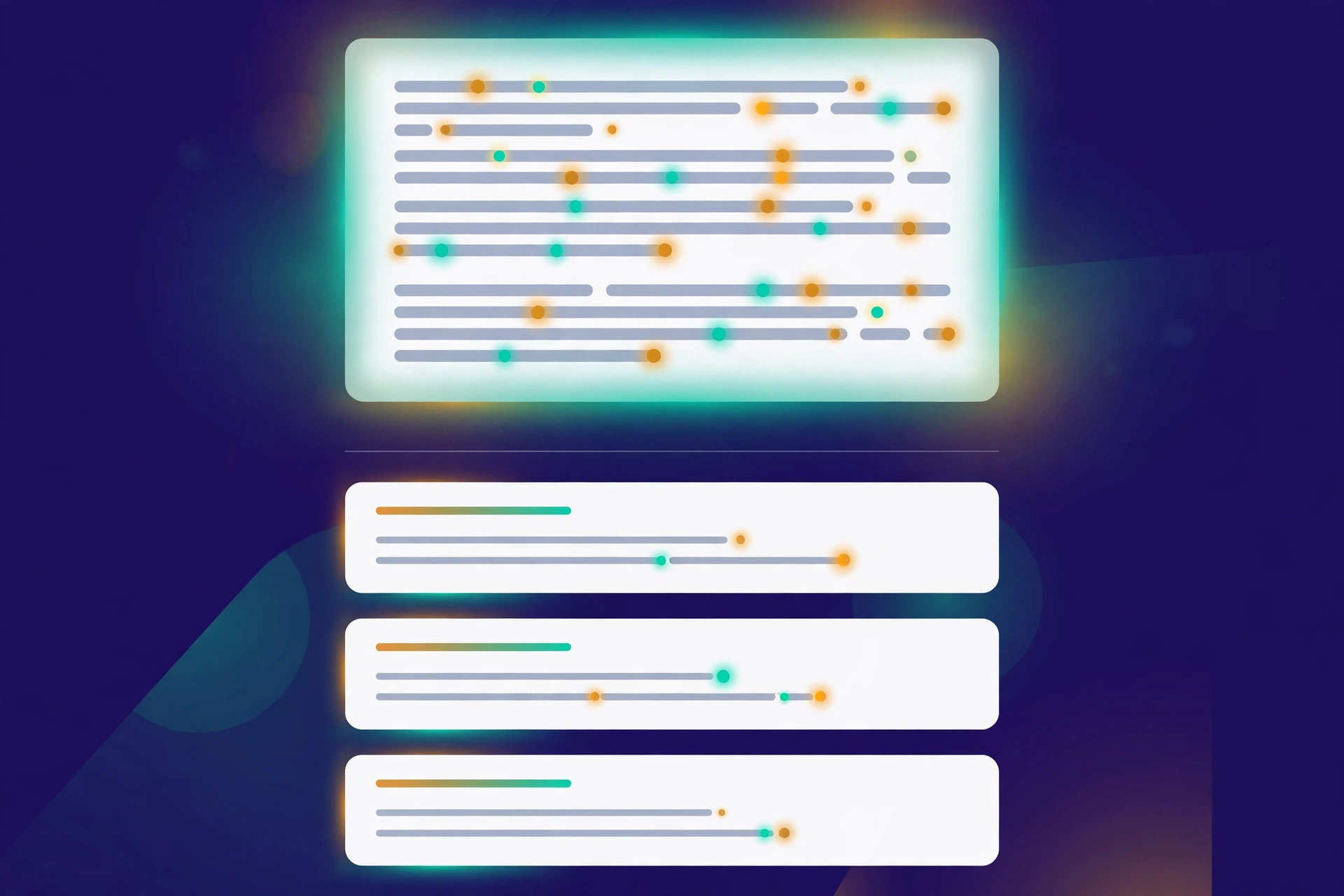 Abstract illustration of an AI search results page with an AI-generated answer card and clickable citation links