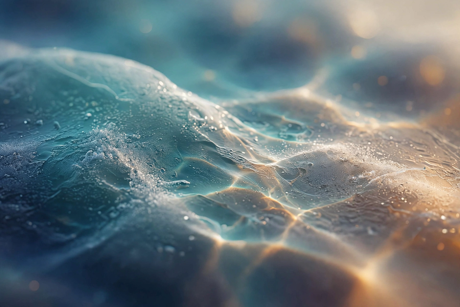 Macro close-up of frosted glass texture with refraction and caustic light patterns, illustrating material craft in interface design