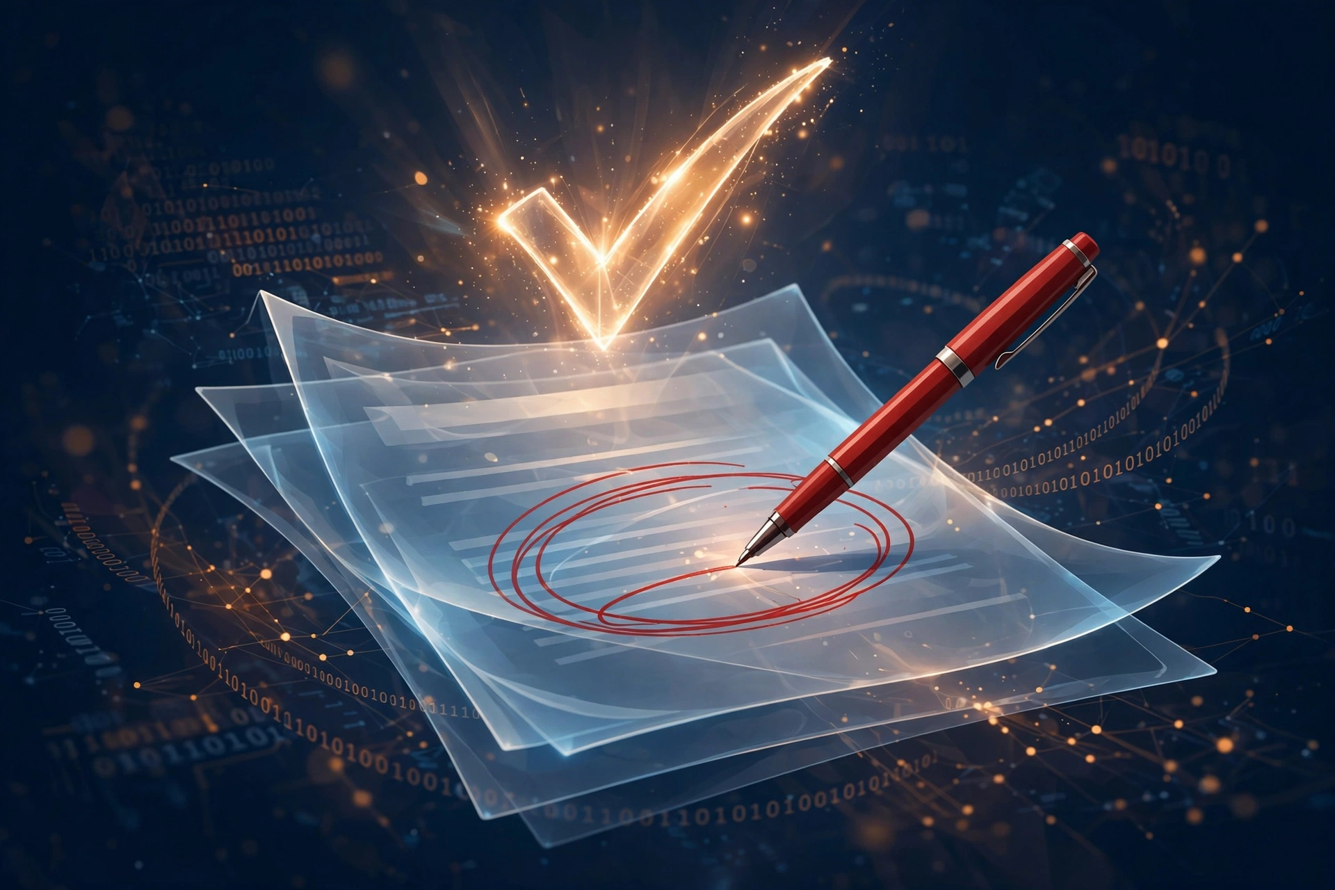 Abstract illustration of a red editor's pen marking up a glowing document with a checkmark of light above