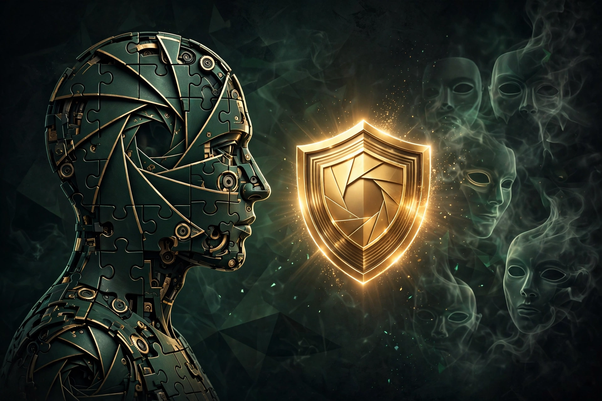 Abstract illustration of a real human silhouette rejecting ghostly hollow mask shapes, beside a glowing shield of trust
