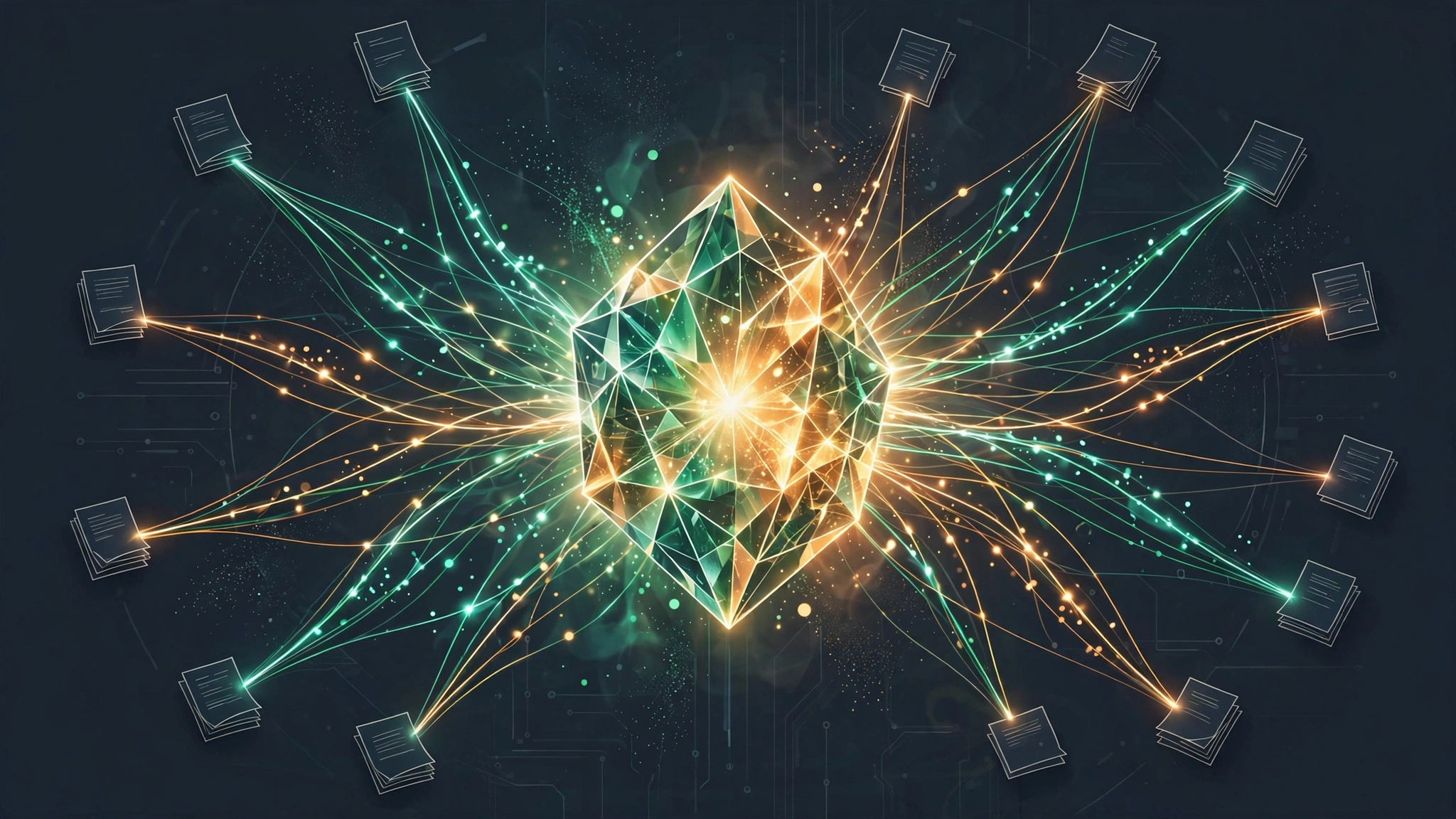 An abstract network of documents feeding a central AI node, visualising how publisher content is synthesised into AI-generated search answers