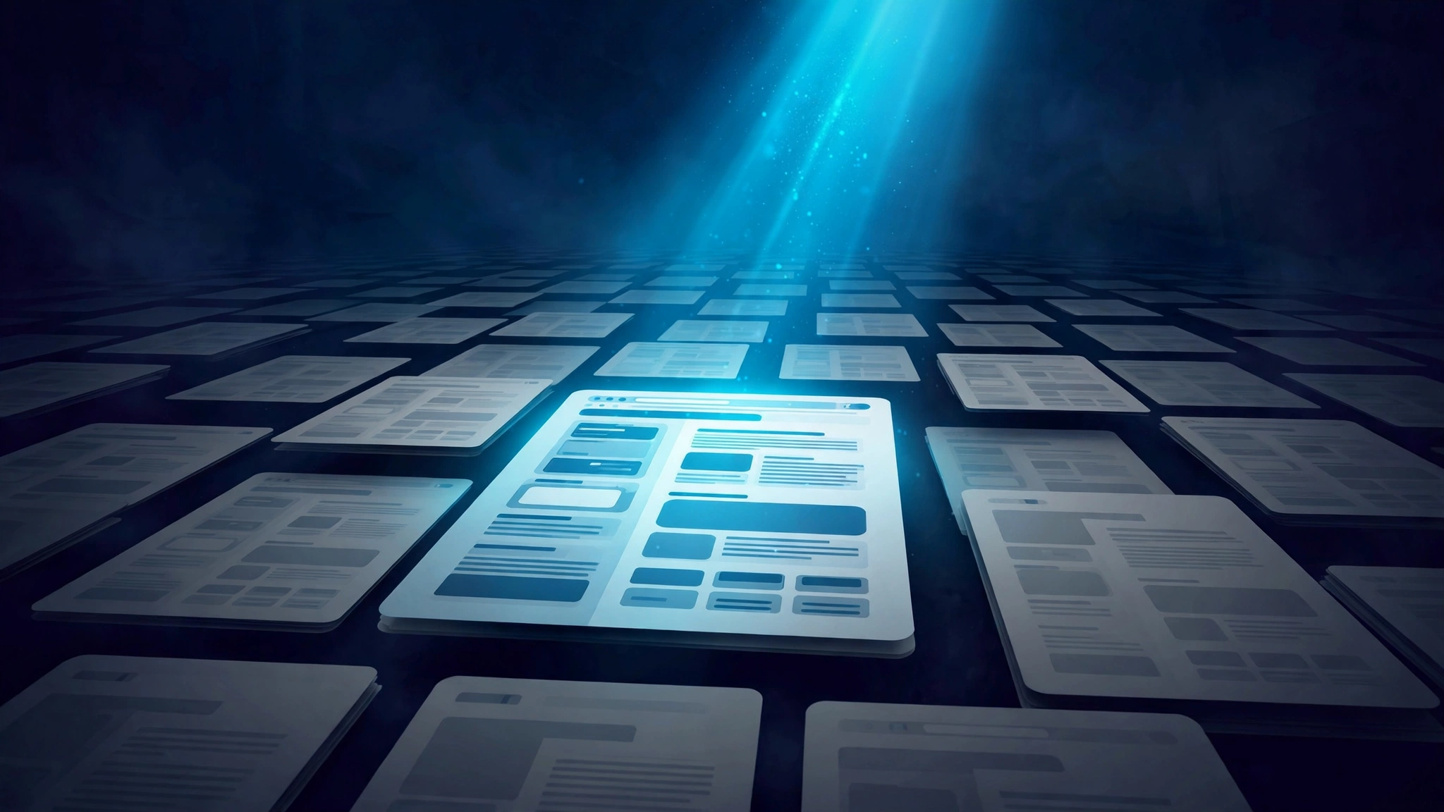 A spotlight highlighting one web page among many, symbolising a website being selected and cited as a trusted source in AI search