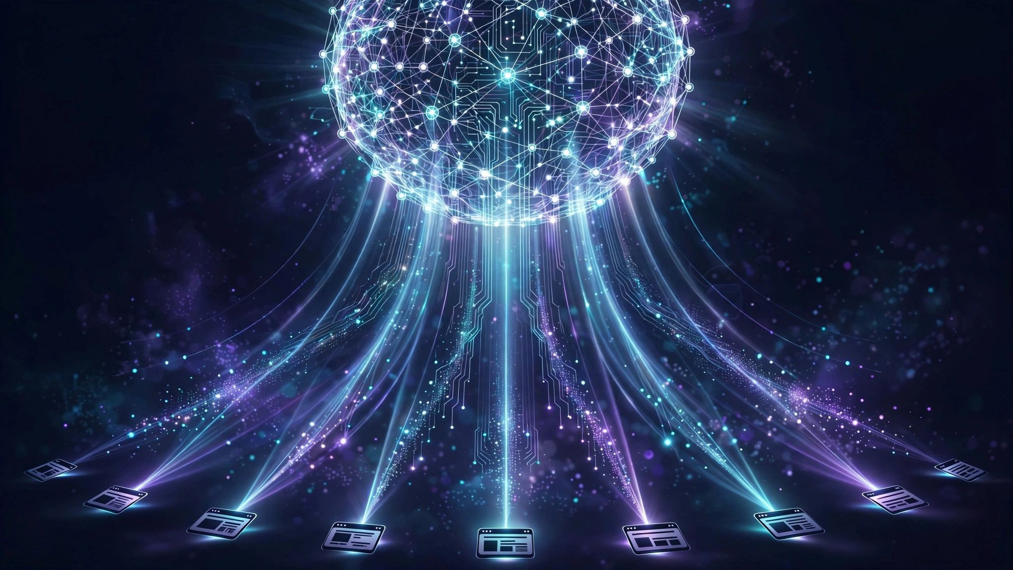 A glowing AI neural network radiating answers toward websites below