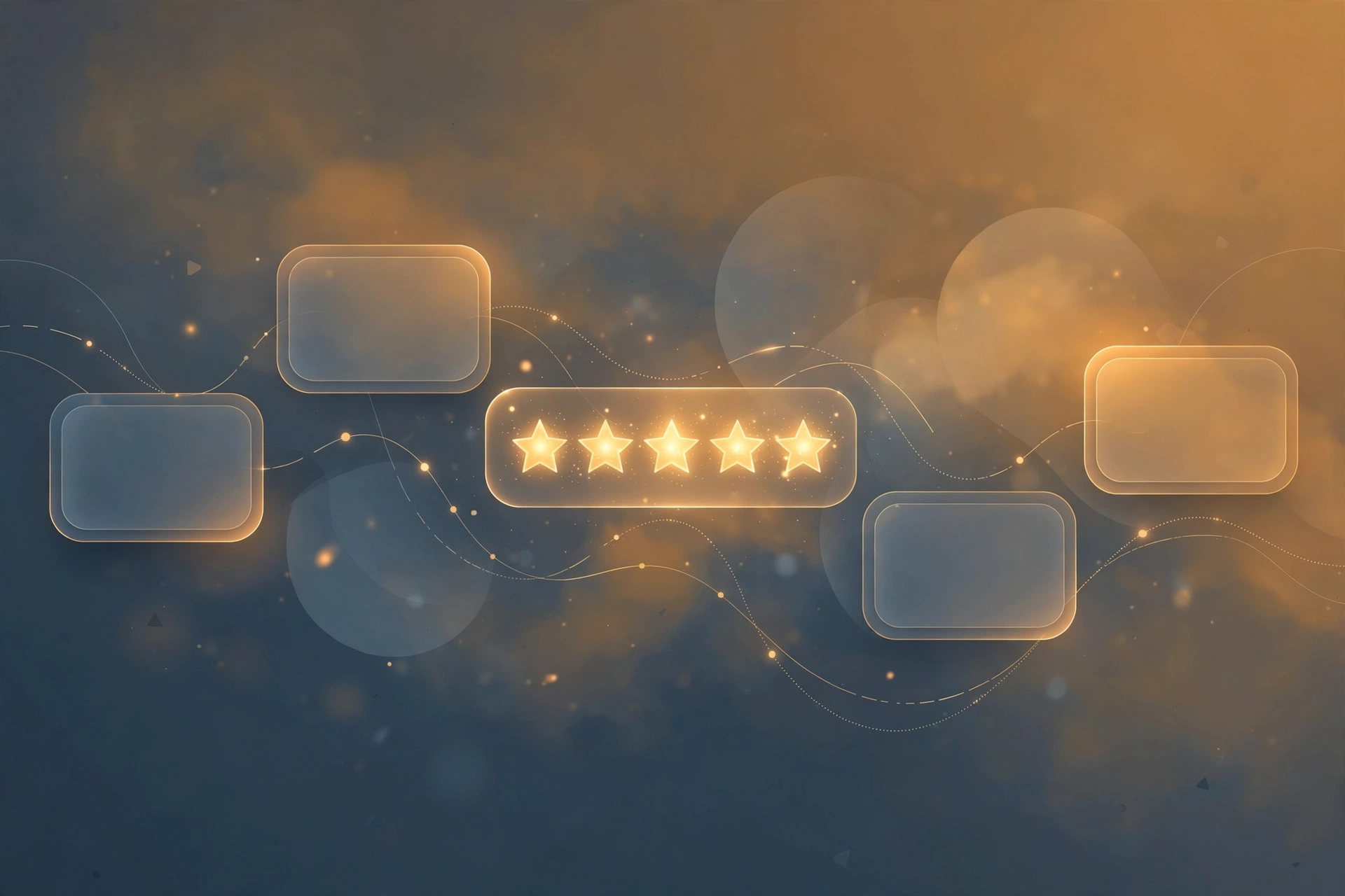 A stylised collage of customer review cards and star ratings representing a review management workflow