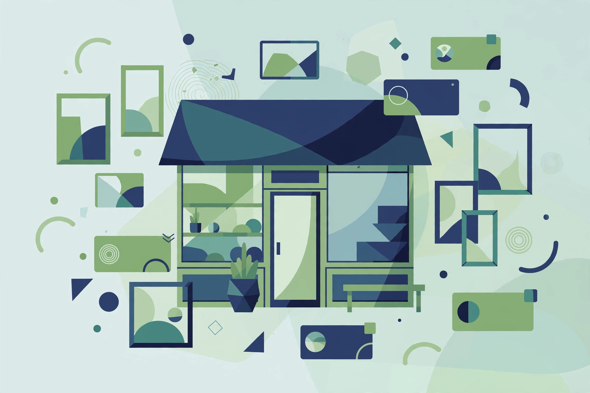 An abstract storefront scene with photo frames and update cards representing profile freshness
