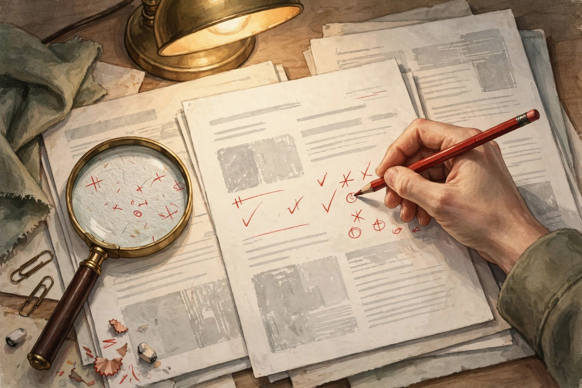 A human editor reviewing an AI-drafted article on a desk with a red pencil and magnifying glass