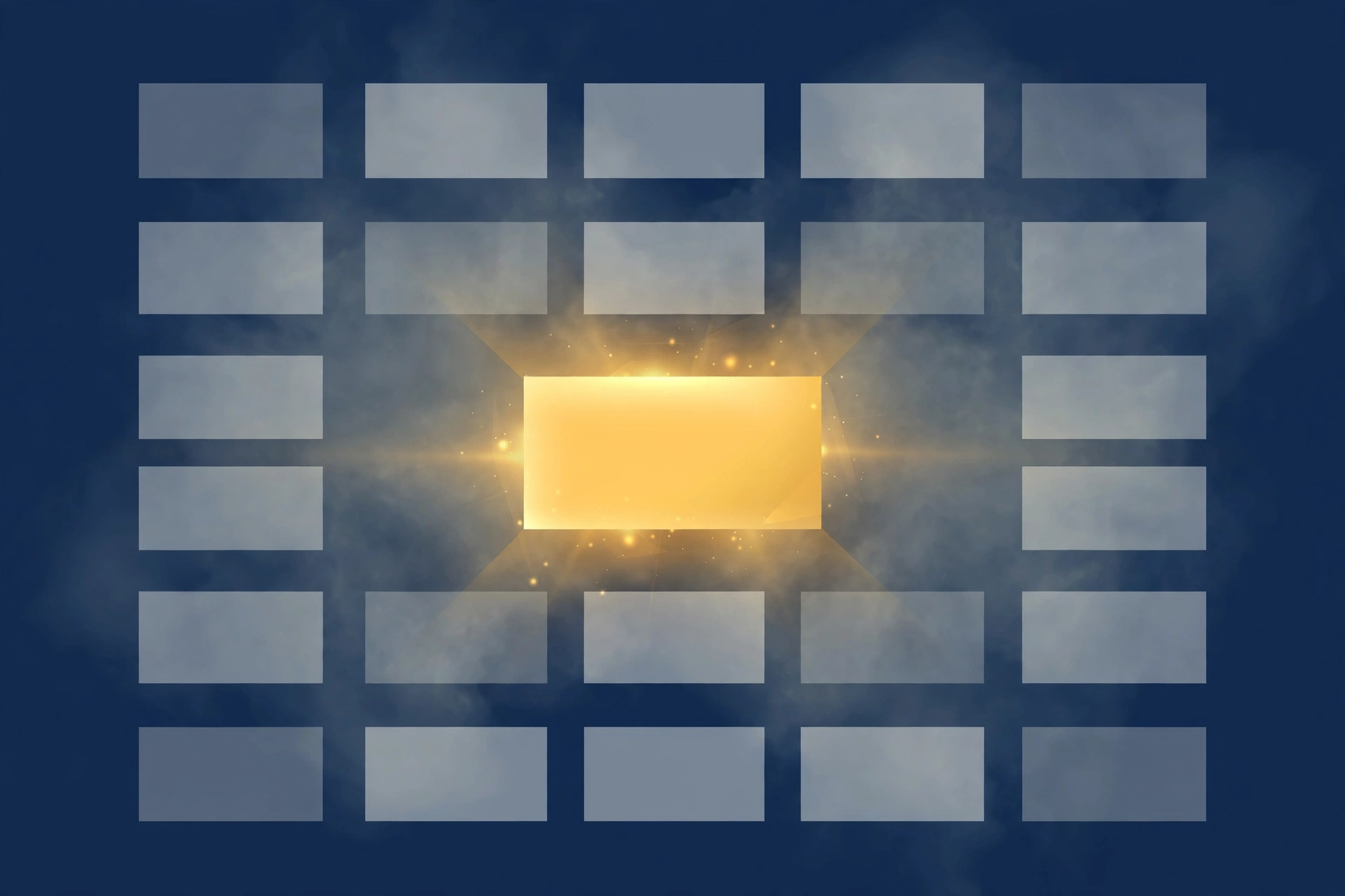 A webpage layout concept where one central content block glows brightly while surrounding filler blocks fade into fog